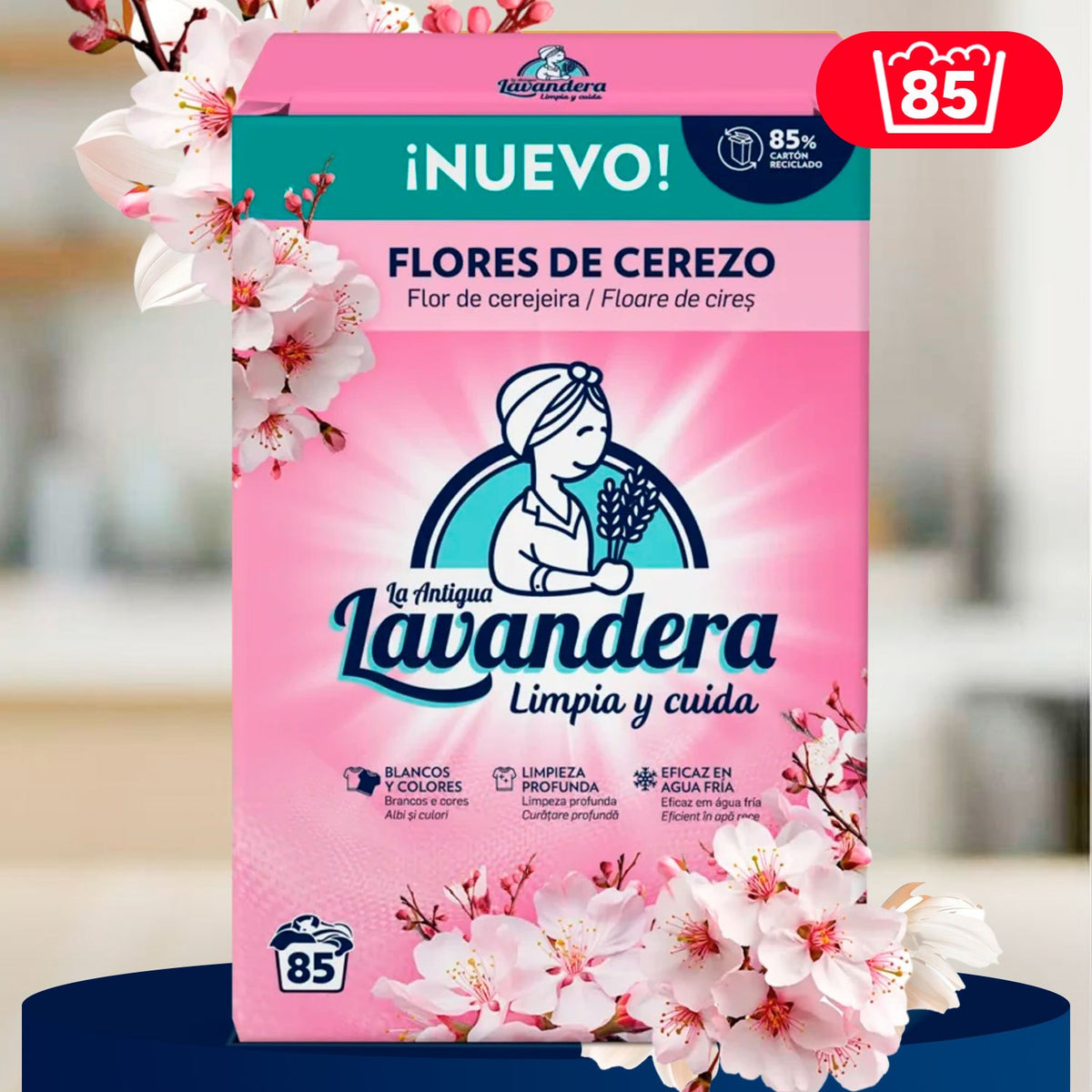 La Antigua Lavandera Detergente en Polvo para Ropa, Aroma Flores de Cerezo, 85 Lavados