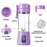 Licuadora Portatil Zumos y Batidos, Batidora para Frutas y Verduras, 6 Cuchillas de Acero, Vaso de 380ml de Capacidad, Ideal para Llevar, Cable de Carga USB, Batería de 800 mAh, 22000 RPM
