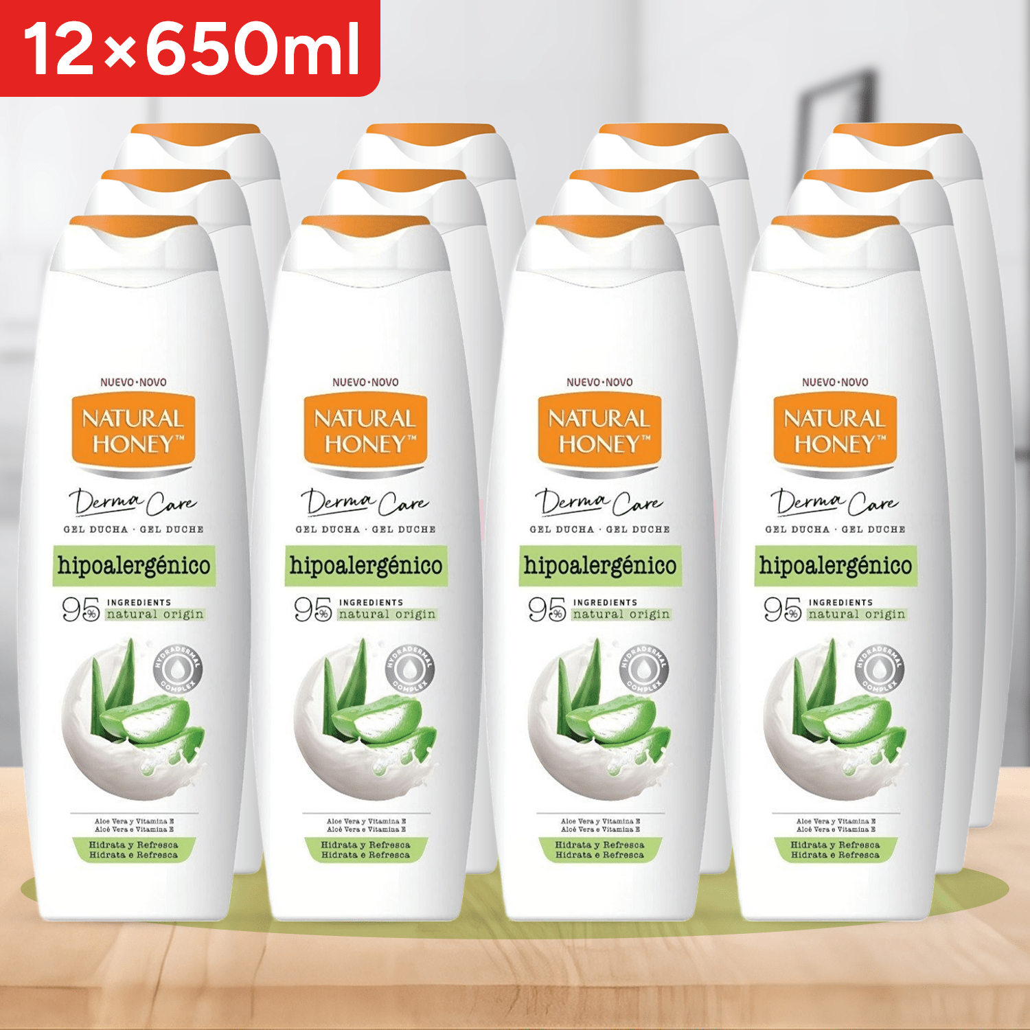 Natural Honey, Gel de Ducha Hipoalergénico con Aloe Vera, Vitamina E y Hydradermal Complex, Hidratante y Calmante para una Piel Suave y Revitalizada, Fragancia Fresca, Línea Derma Care, 650 ml