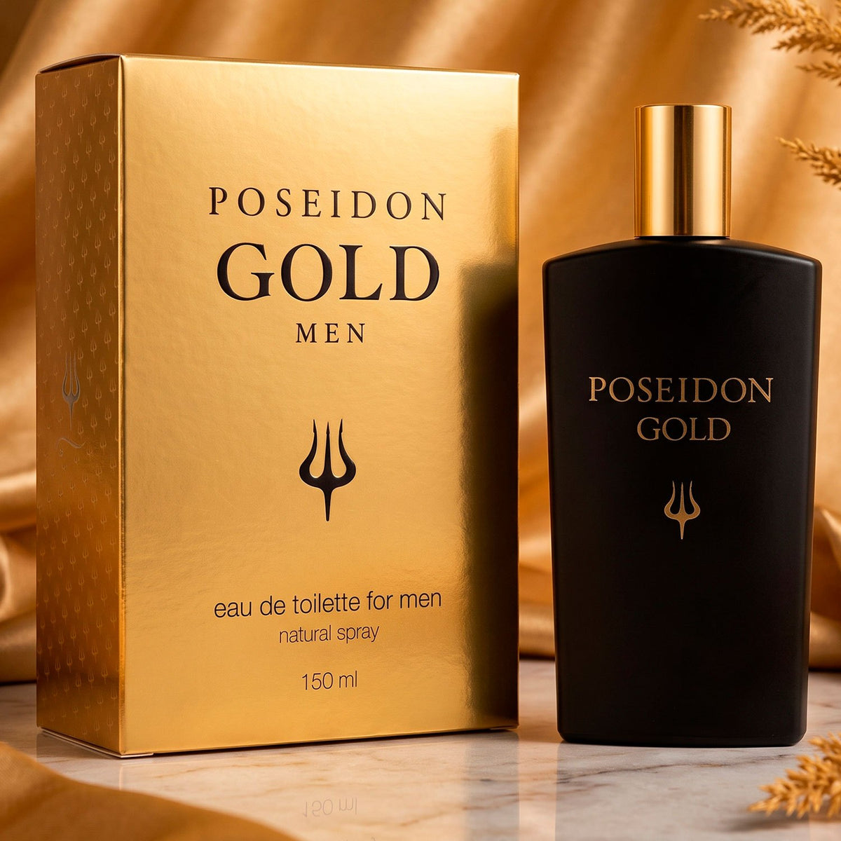 Poseidon Gold Eau de Toilette para Hombre, Perfume de Aroma Cítrico y Especiado con Notas de Mandarina, Menta, Canela, Ámbar y Maderas, 150 ml