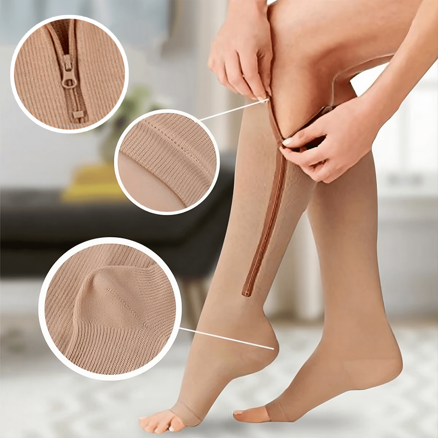 Medias de Compresión Mujer, Ideal para Piernas Cansadas, Alivia y Reduce la Hinchazón, Cremallera para Adaptarse a Cualquiera Talla y Forma de Pierna, Diseño de Punta Abierta para Mayor Comodidad, Hecho de Nylon y Elastán Flexible