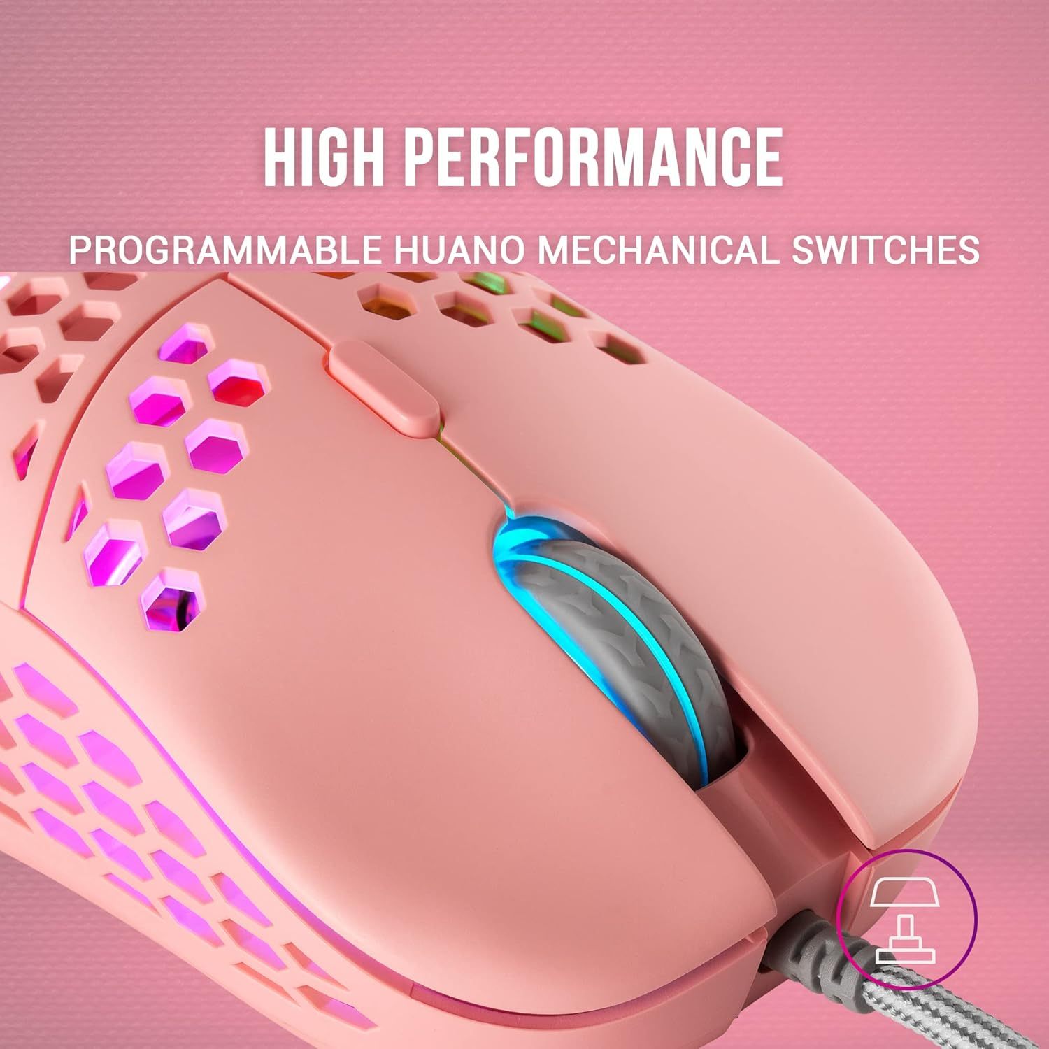 Mars Gaming MM55, Ratón Gaming RGB Chroma, Ultra-Ligero 55g, Sensor Óptico 12800 dpi, Switches Mecánicos Programables HUANO, Cable Paracord, Rosa