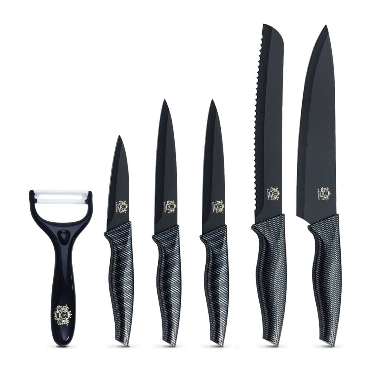 Juego de 6 Cuchillos de Cocina Profesionales, Cuchillos de Acero Inoxidable con Revestimiento y Filo de Alta Precisión, Excelente Durabilidad, Mango Ergonómico, Fácil de Limpiar, Ideal como Regalo, Incluye 5 Cuchillos y 1 Pelador