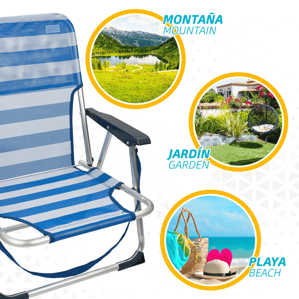 Silla Plegable Playa Reclinable y Resistente. Soporta hasta 100kg. Posición fija. Sistema Antivuelco. Ideal para Playa, Jardín, Terraza o Camping. 44x40x72cm
