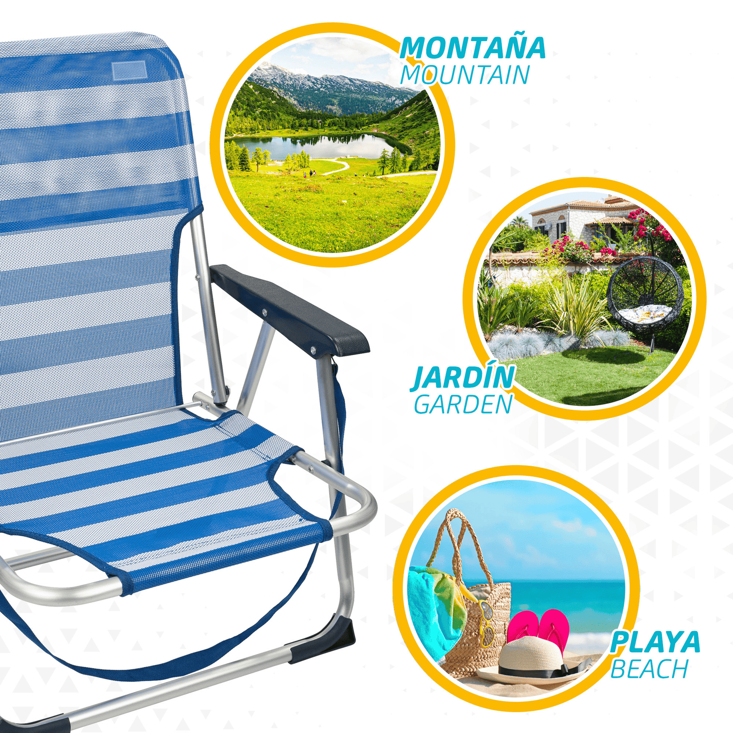 Silla Plegable Playa Reclinable y Resistente. Soporta hasta 100kg. Posición fija. Sistema Antivuelco. Ideal para Playa, Jardín, Terraza o Camping. 44x40x72cm
