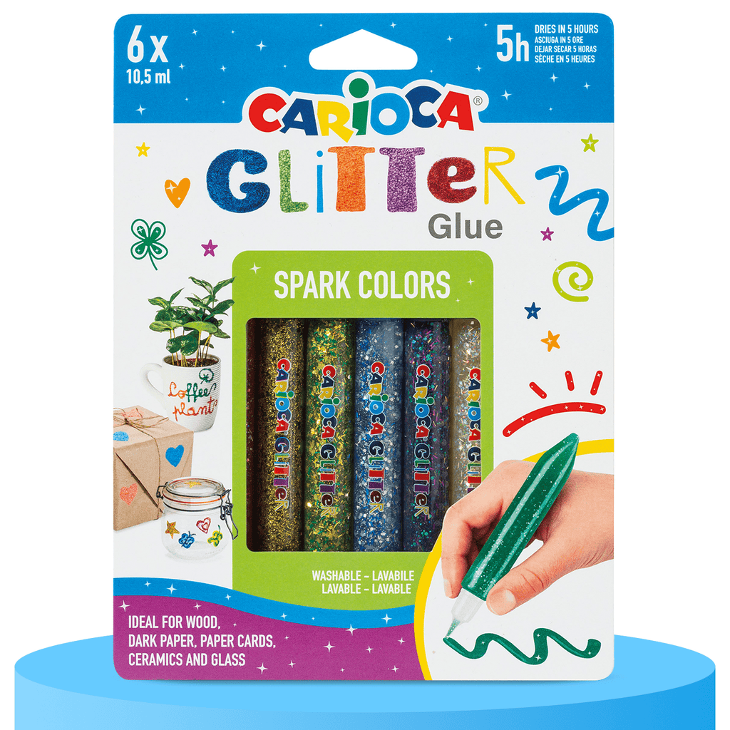 CARIOCA Pegamento con Glitter ideal para Madera, Papel, Cartón, Cerámica y Cristal, Paquete de 6 Pegamentos de 10,5ml