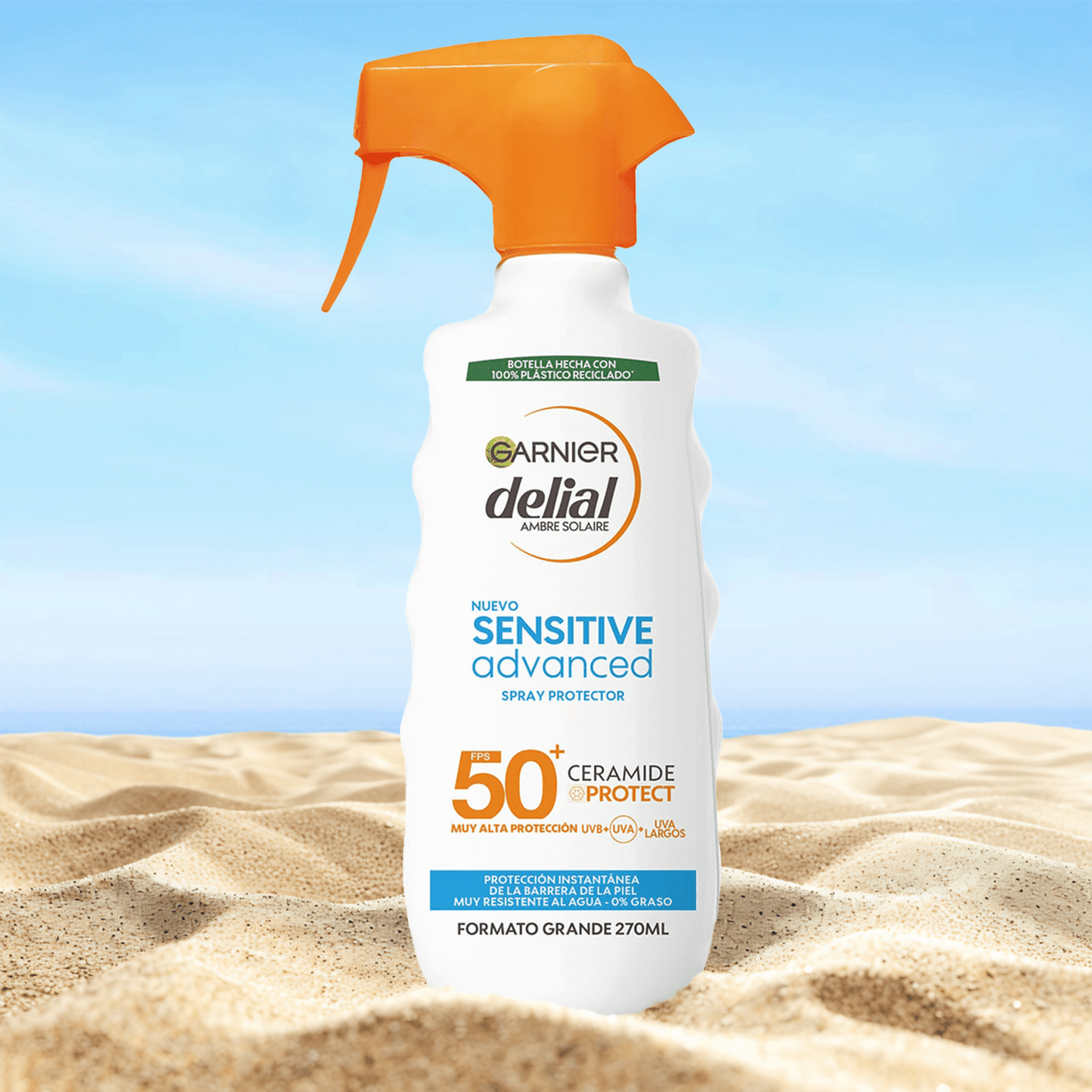 Garnier Protector Solar Spray Adultos Delial Sensitive Advanced, Ideal para Pieles Claras, Sensibles e Intolerantes al Sol, IP50+ -270 ml, Protección Avanzada Contra Rayos UVB, UVA Y UVA Largos, No Deja Manchas, 0% Grasa 0% Pegajosa