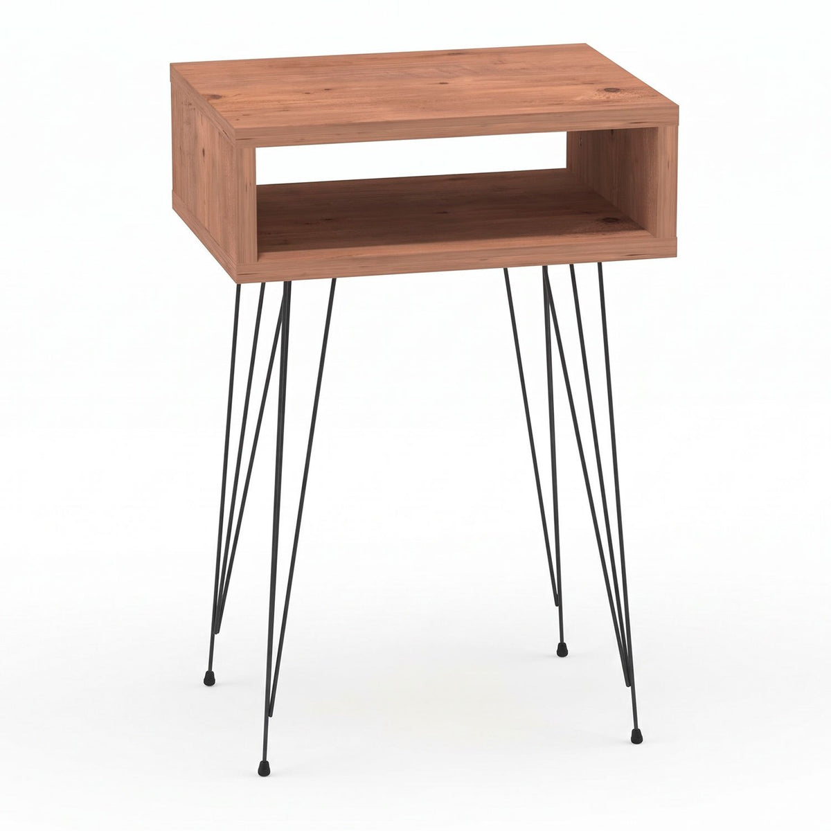 Mesita de Noche con Compartimento Abierto, Mesa Auxiliar para Dormitorio con Espacio de Almacenamiento y Patas Metálicas, Acabado Efecto Madera, 45 x 27 x 59 cm