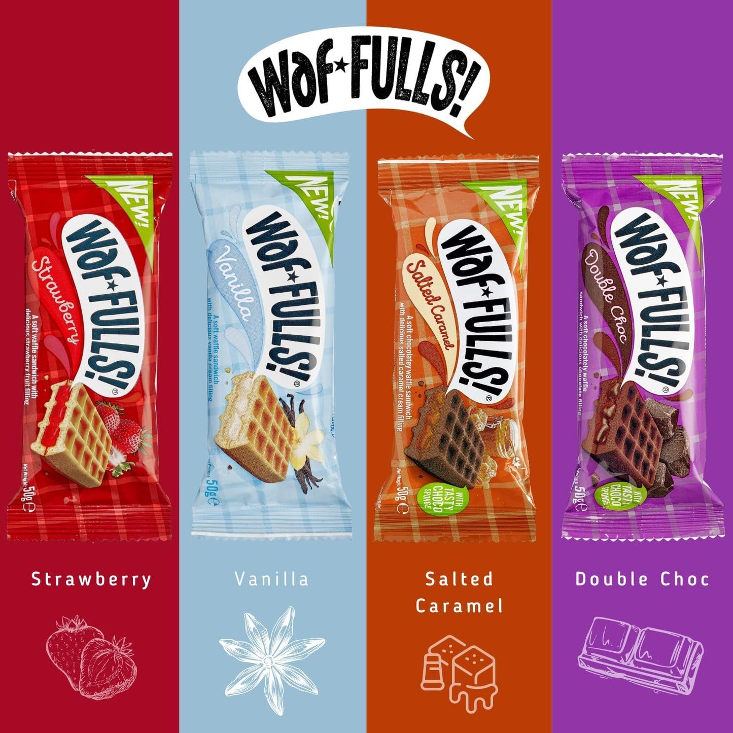 WafFULLS! Gofres de Vainilla, 12 Gofres para Picoteo, Desayuno y Merienda, Barritas Esponjosas Rellenas de Crema de Vainilla, Gofres Envueltos Individualmente Listo para Comer, Caja con 12 Gofres