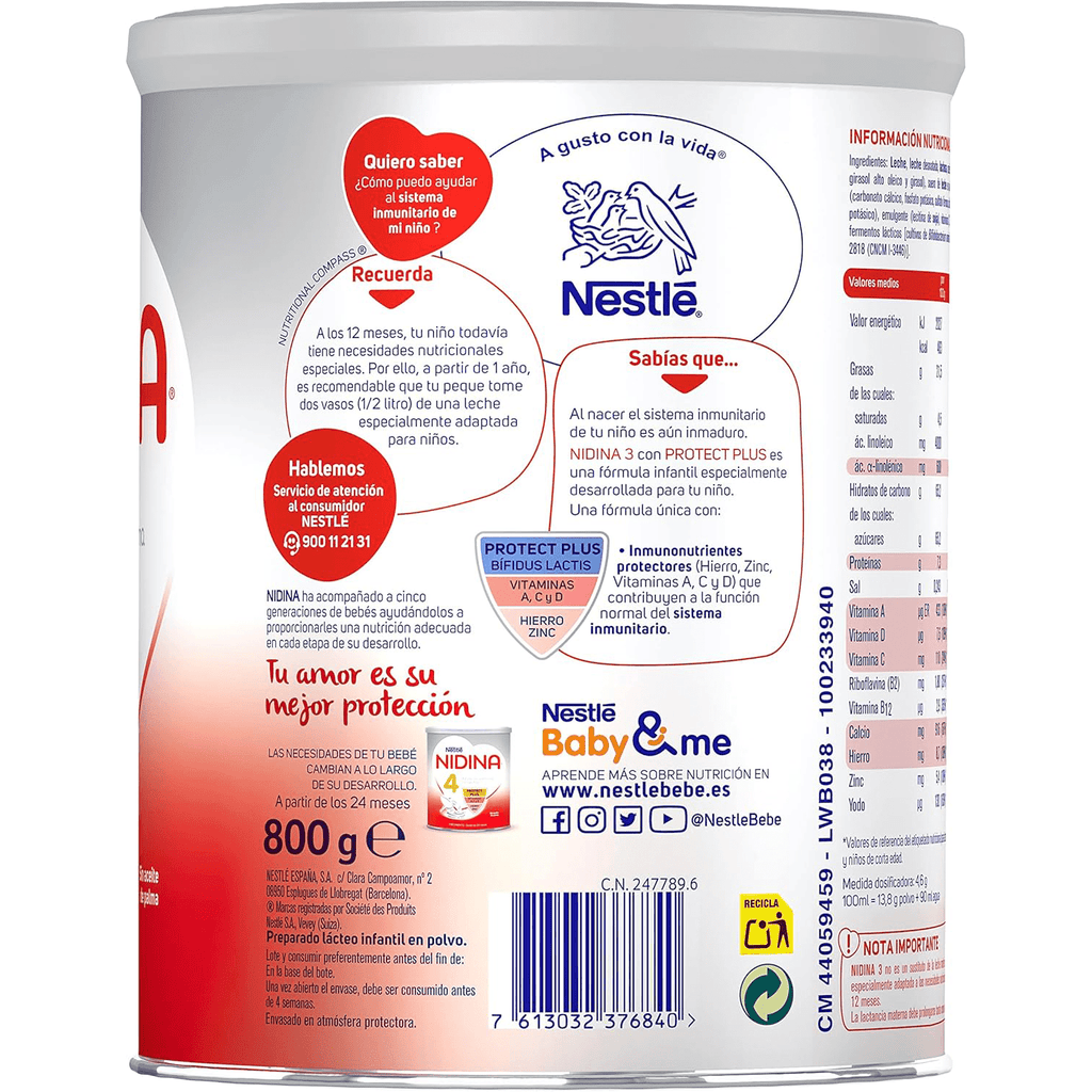Nestlé NIDINA 3 Leche en Polvo Bebé, Leche de Credimiento indicada para Bebés desde los 12 Meses, Contiene Bífidus Lactis, DHA, Hierro, Zinc y Vitaminas A, C y D, 800g por Bote