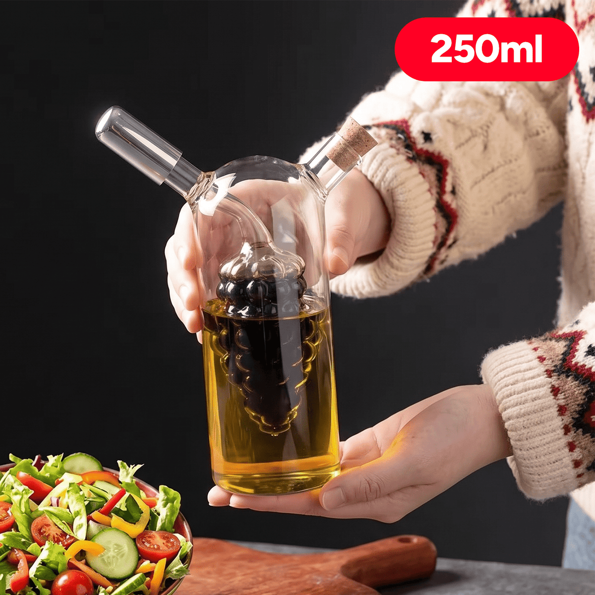 Aceitera Vinagrera 2 en 1 250ml, Botella de Condimentos de Borosilicato de Cuello Largo, Aceitera de Cocina Antigoteo y a Prueba de Fugas, Vinagrera con Spray, Diseño Moderno y Transparente para la Cocina del Hogar, 250ml