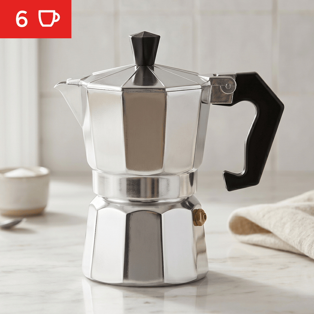 Cafetera Italiana 6 Tazas, Cafetera Italiana de Aluminio con Mango Ergonómico, Compatible con Cocina de Gas, Vitrocerámica e Inducción, Válvula de Seguridad