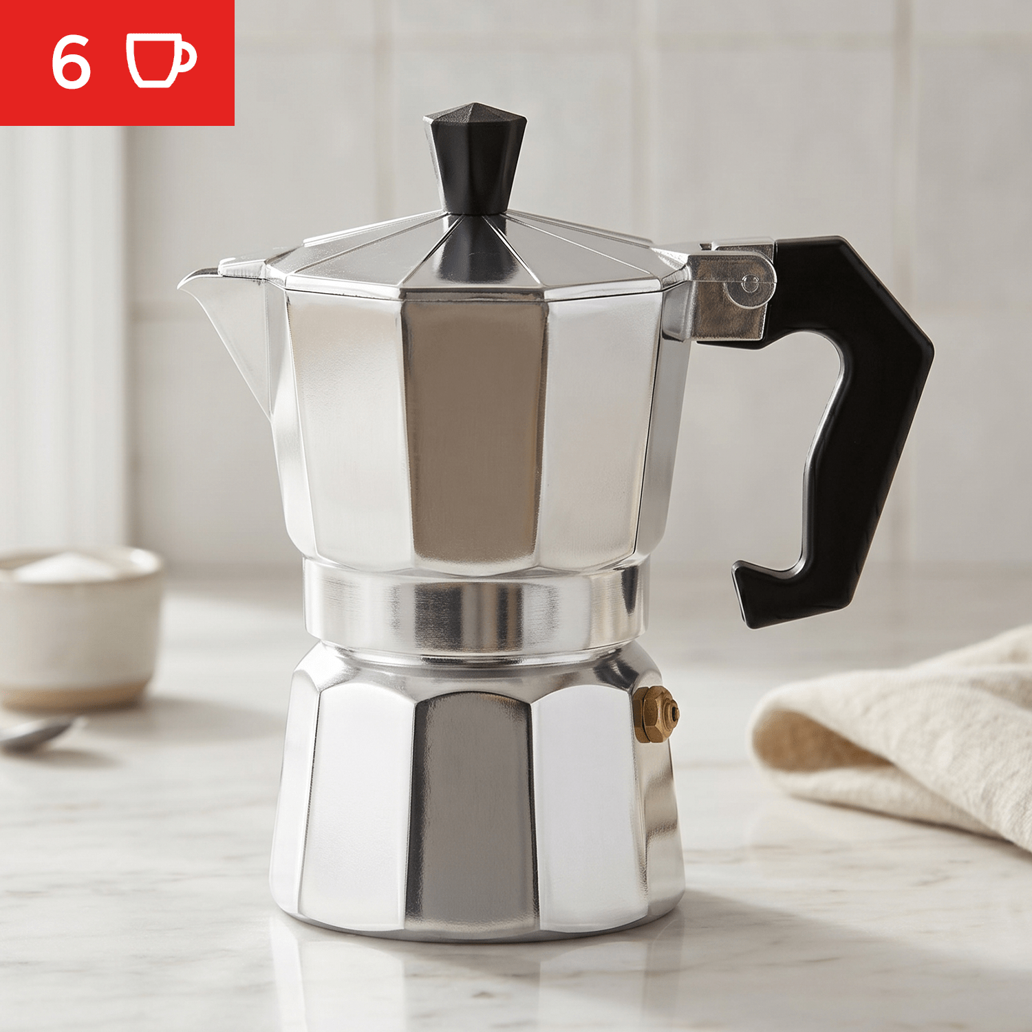 Cafetera Italiana 6 Tazas, Cafetera Italiana de Aluminio con Mango Ergonómico, Compatible con Cocina de Gas, Vitrocerámica e Inducción, Válvula de Seguridad