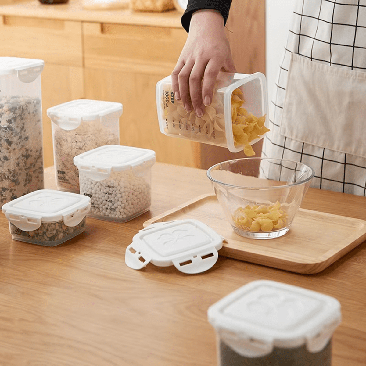 Recipientes Almacenamiento Cocina, Set de 4 Recipientes de Botes Cocina Almacenaje de Plástico, Capacidad para 240ml, 650ml, 1000ml y 2200ml, Cierre Hermético con Tapa, Apilables