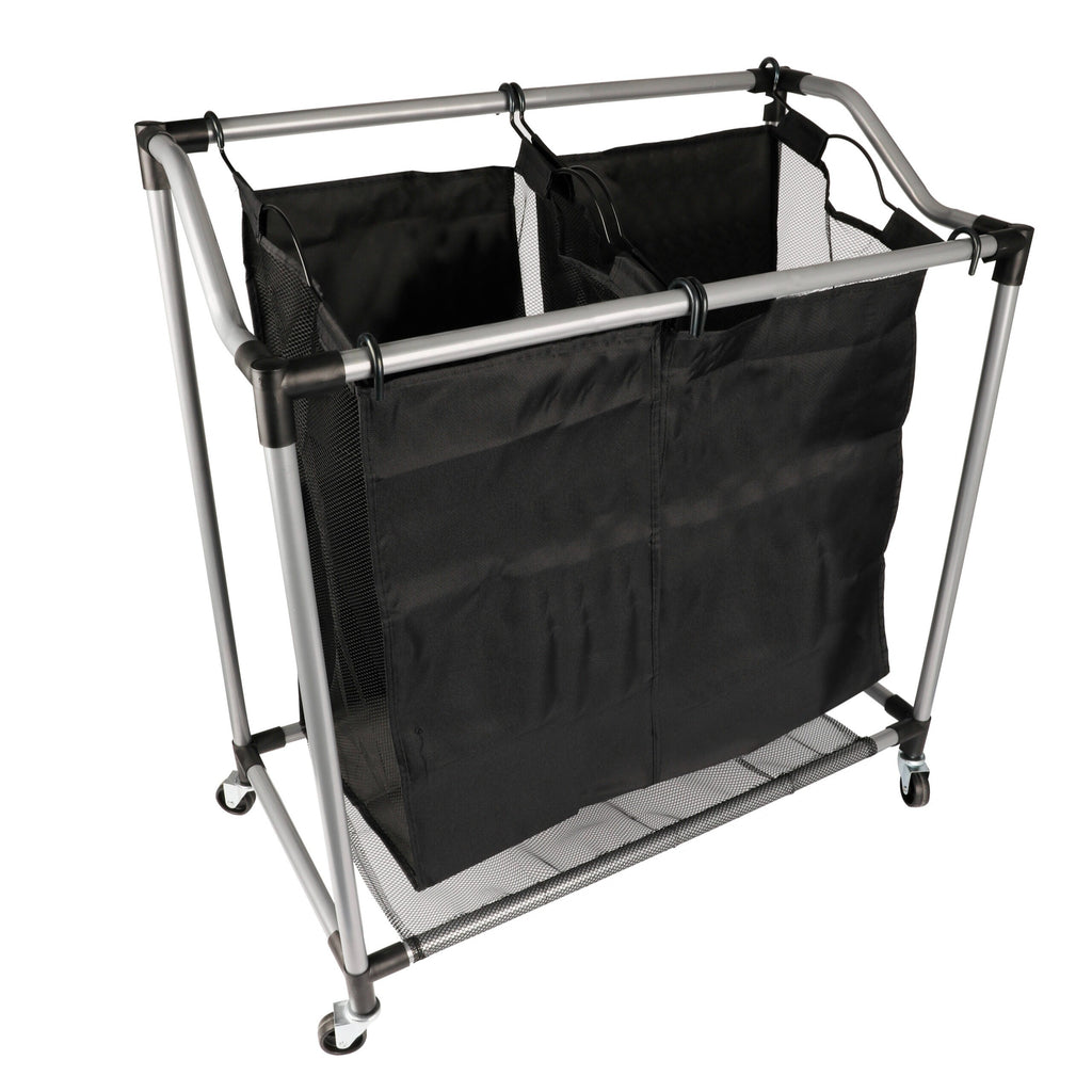 Carrito Lavandería con Robusta Estructura de Acero y 2 Bolsas de Tejido de Malla Transpirable Extraíbles, Ruedas para Fácil Transporte, Medidas de16,5 X 10,3 X 73,6 cm