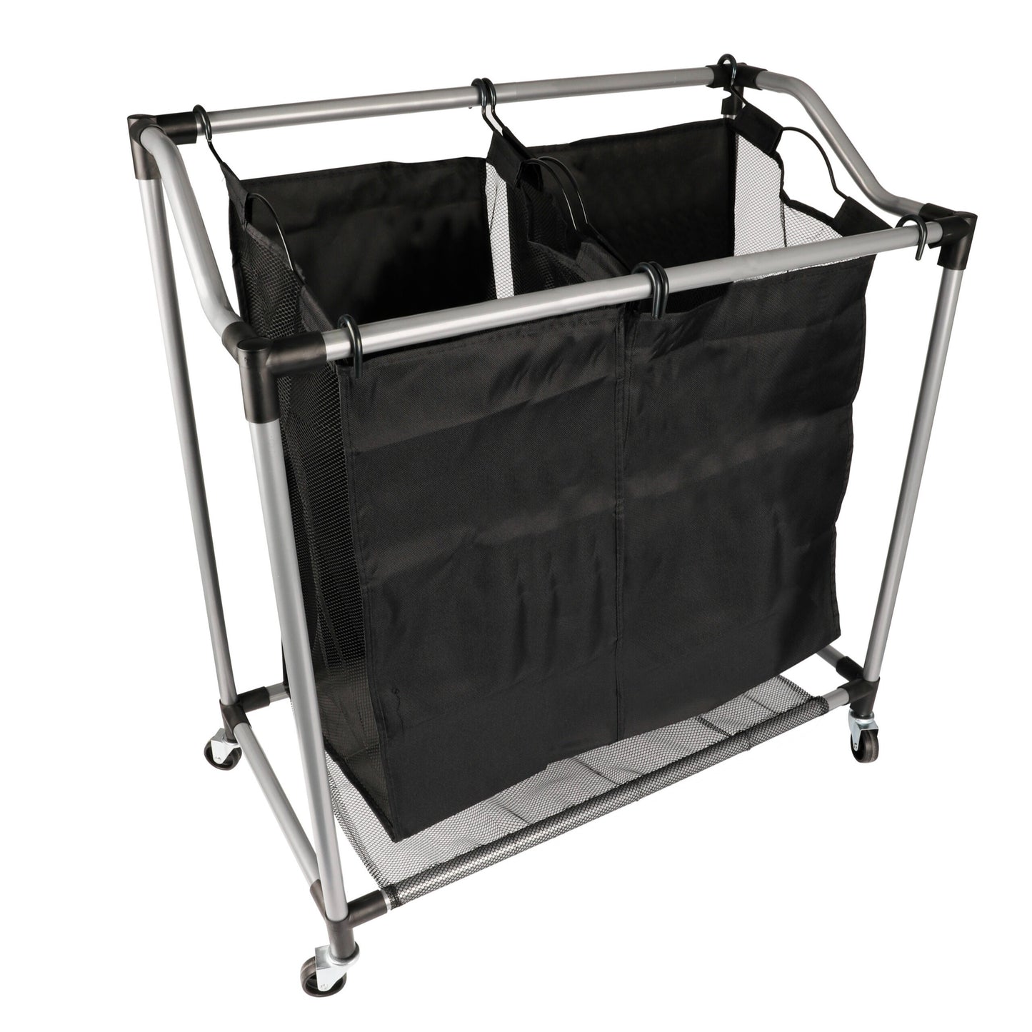 Carrito Lavandería con Robusta Estructura de Acero y 2 Bolsas de Tejido de Malla Transpirable Extraíbles, Ruedas para Fácil Transporte, Medidas de16,5 X 10,3 X 73,6 cm