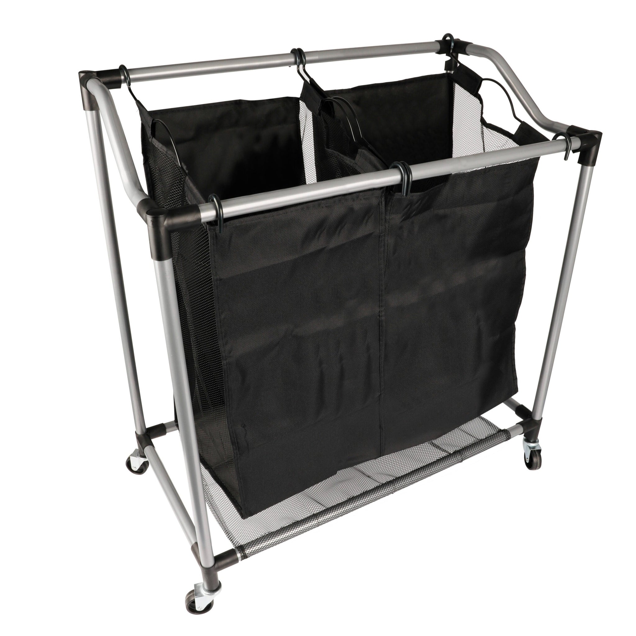 Carrito Lavandería con Robusta Estructura de Acero y 2 Bolsas de Tejido de Malla Transpirable Extraíbles, Ruedas para Fácil Transporte, Medidas de16,5 X 10,3 X 73,6 cm
