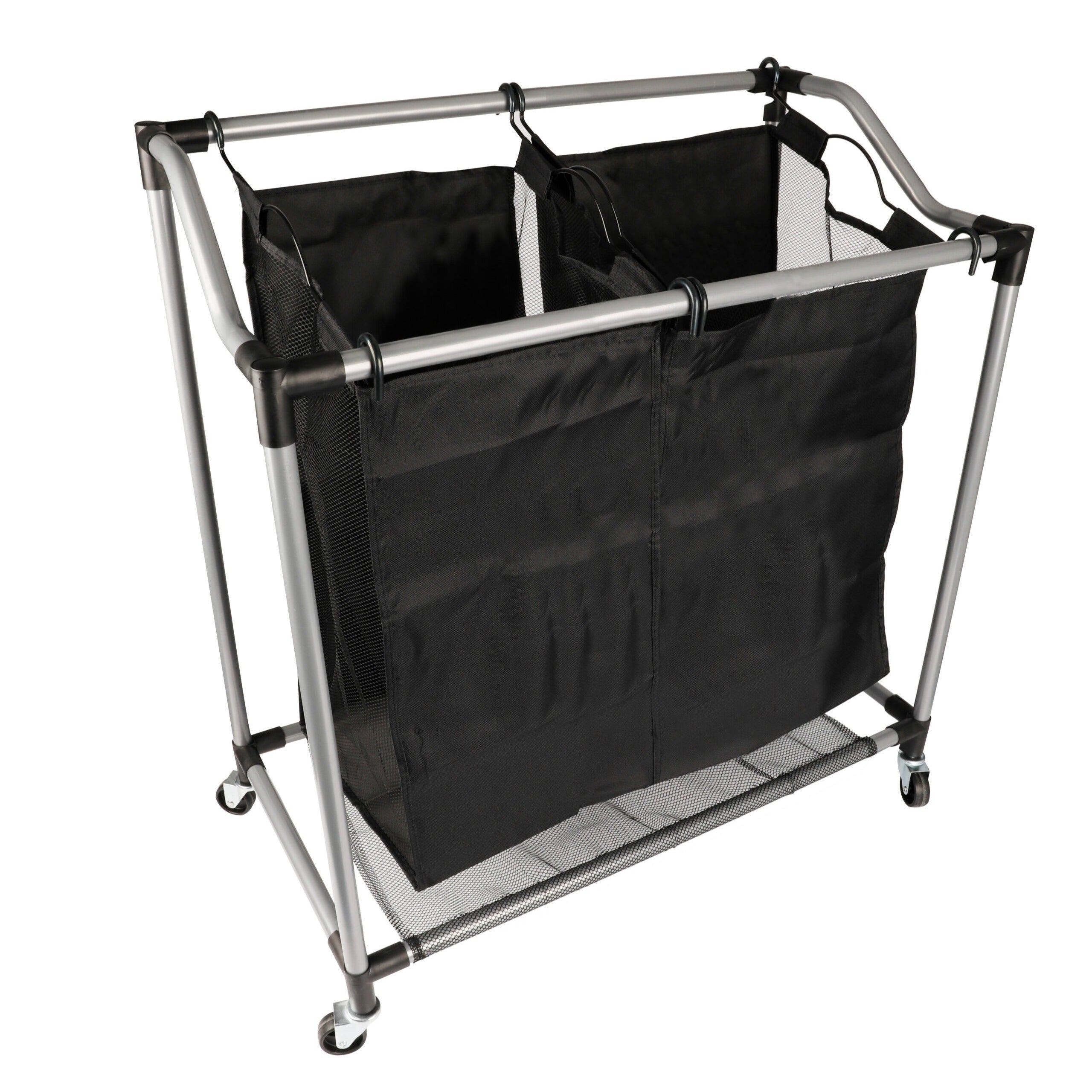 Carrito Lavandería con Robusta Estructura de Acero y 2 Bolsas de Tejido de Malla Transpirable Extraíbles, Ruedas para Fácil Transporte, Medidas de16,5 X 10,3 X 73,6 cm