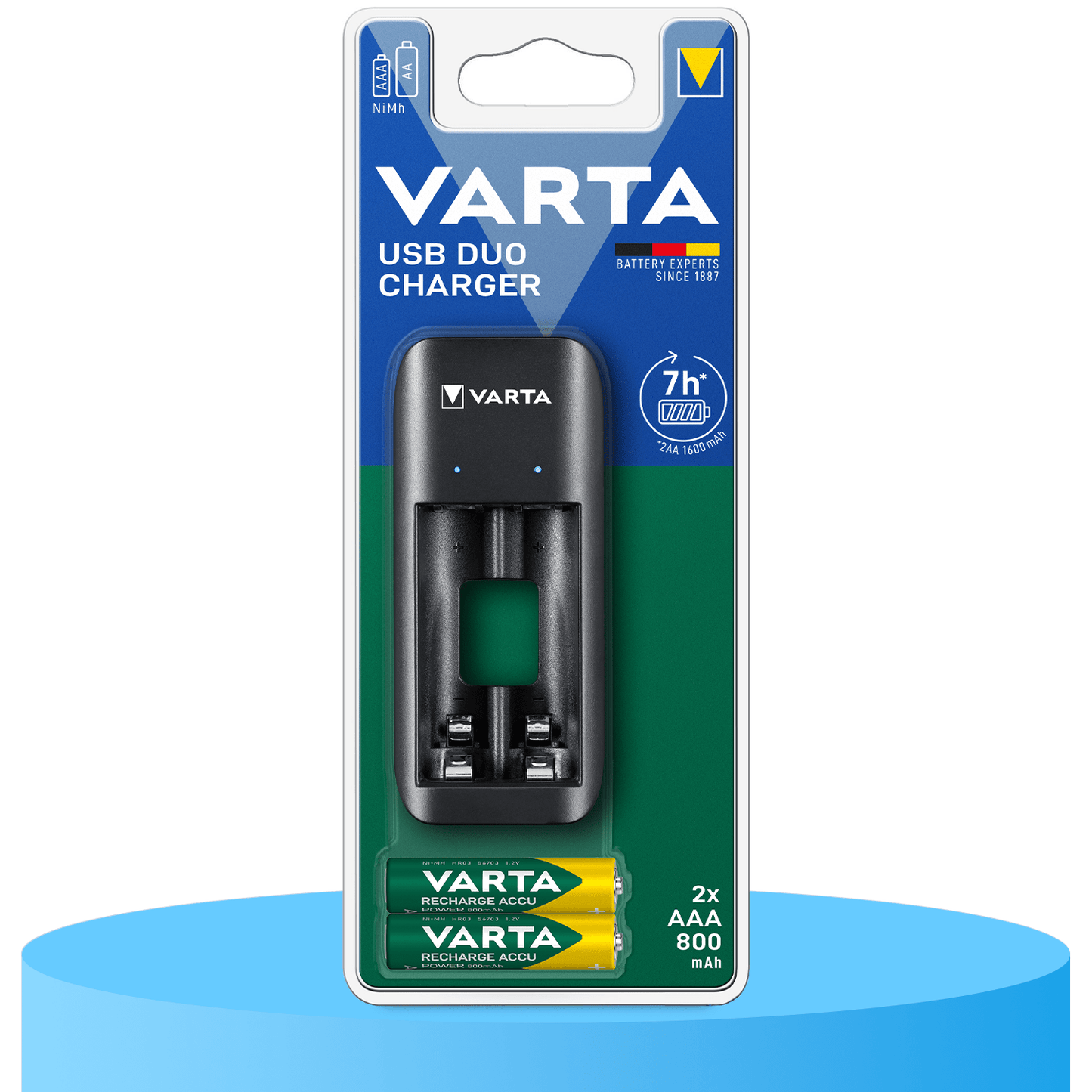 VARTA Cargador Pilas Recargables AA y AAA, Carga Hasta 2 Pilas Simultáneamente, Incluye 2 Pilas Recargables AAA de 800mAh, Tamaño Compacto Fácil de Llevar o Guardar
