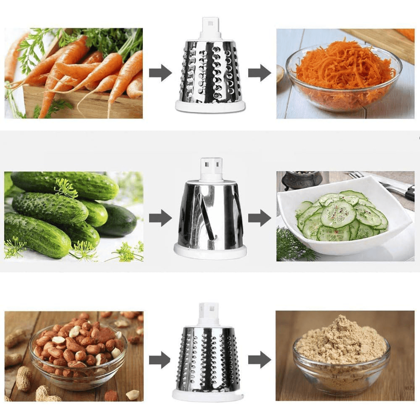 Rallador de Verduras Rotativo con Mango y Base Antideslizante, Incluye 3 Cuchillas Intercambiables, Ideal Rallar y Cortar Verduras, Patatas, Queso, Calabacín, Frutos Secos y Chocolate