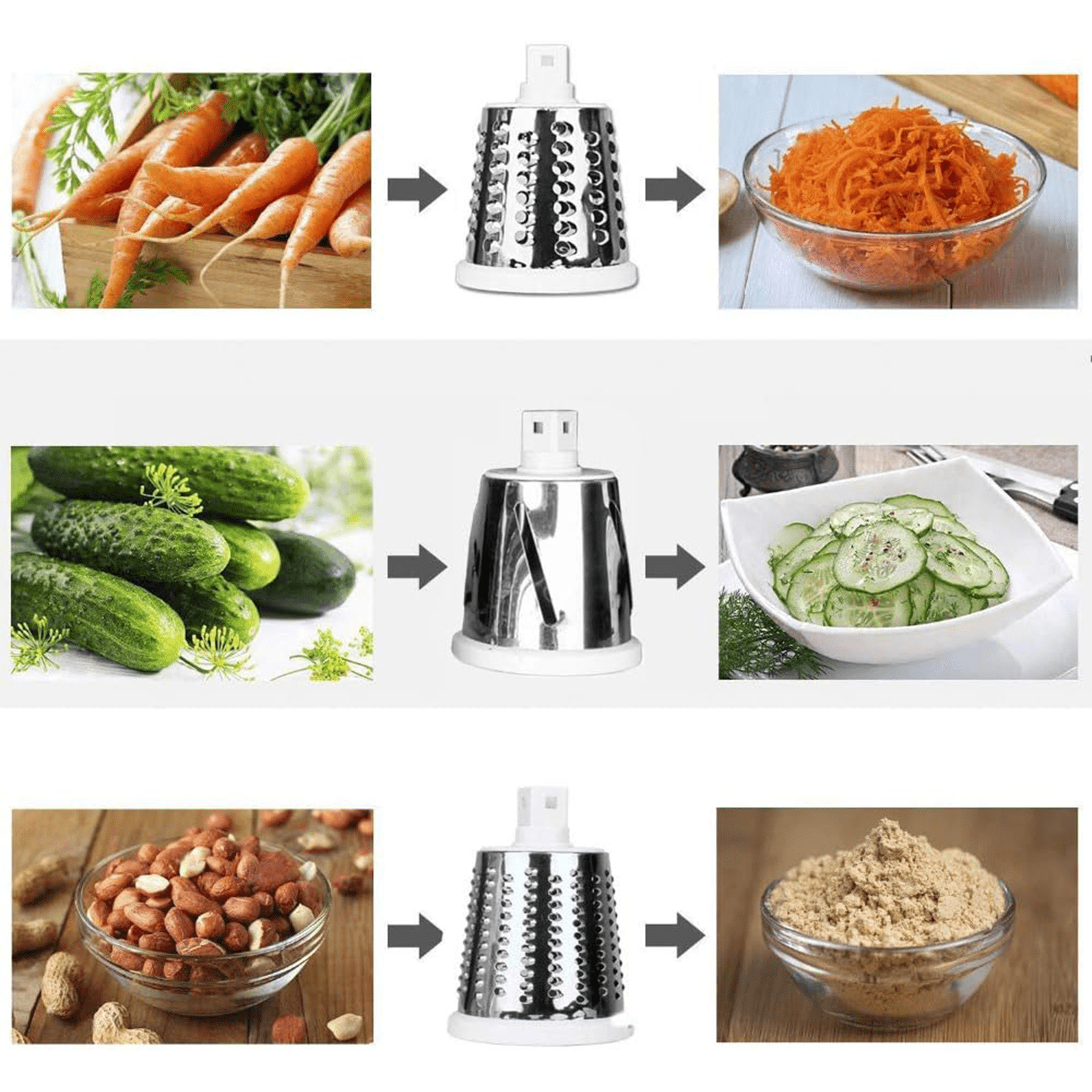 Rallador de Verduras Rotativo con Mango y Base Antideslizante, Incluye 3 Cuchillas Intercambiables, Ideal Rallar y Cortar Verduras, Patatas, Queso, Calabacín, Frutos Secos y Chocolate