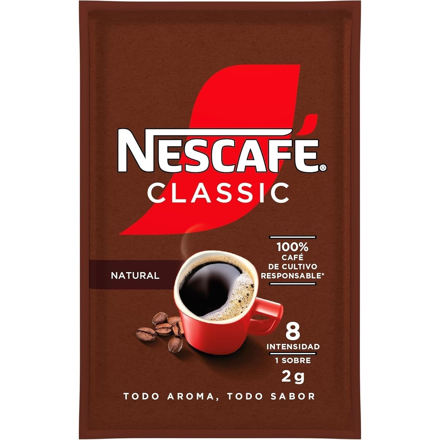 Nescafé Classic Natural, Café Soluble Natural en Sobre, 2g de Café por Sobre, Tueste Selecto, Intensidad 8, 120 Sobres