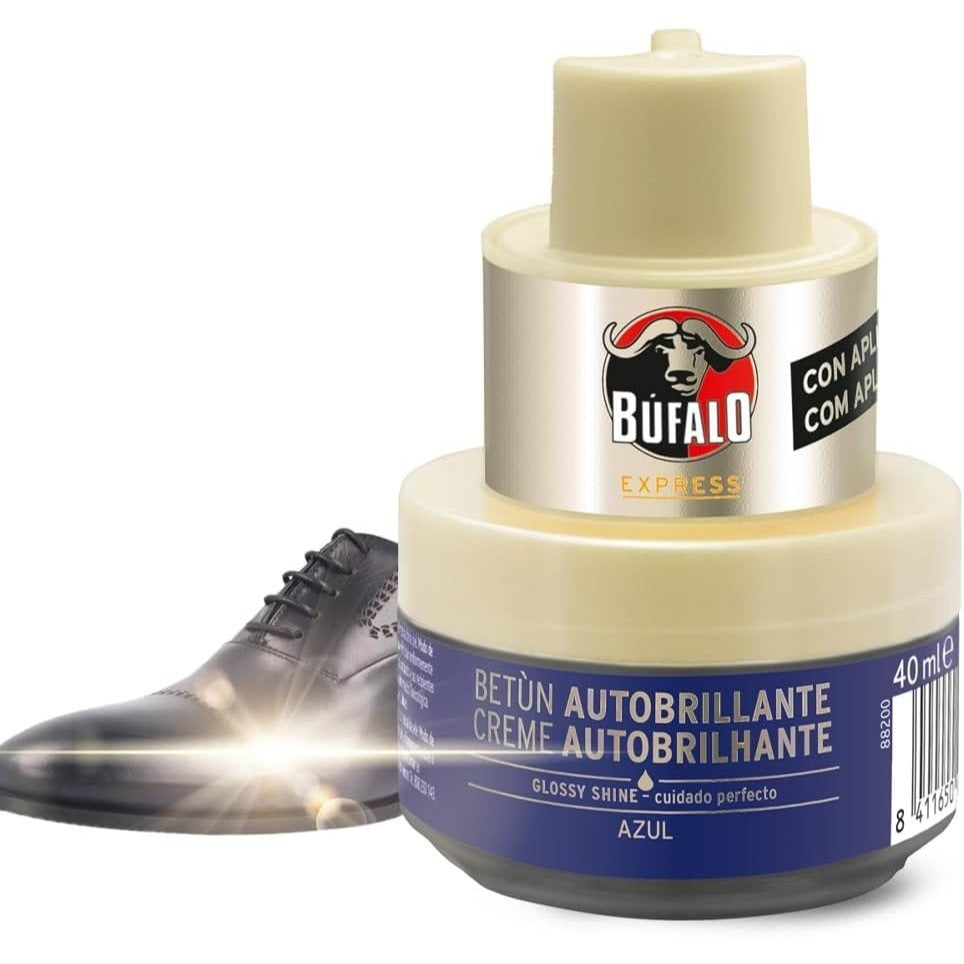 Búfalo Betún Calzado Autobrillante color Azul, Crema para Zapatos, Aporta Color y Brillo, Esponja Integrada, 40 ml