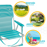 Silla Plegable Playa Reclinable y Resistente. Soporta hasta 100kg. Posición fija. Sistema Antivuelco. Ideal para Playa, Jardín, Terraza o Camping. 44x40x72cm
