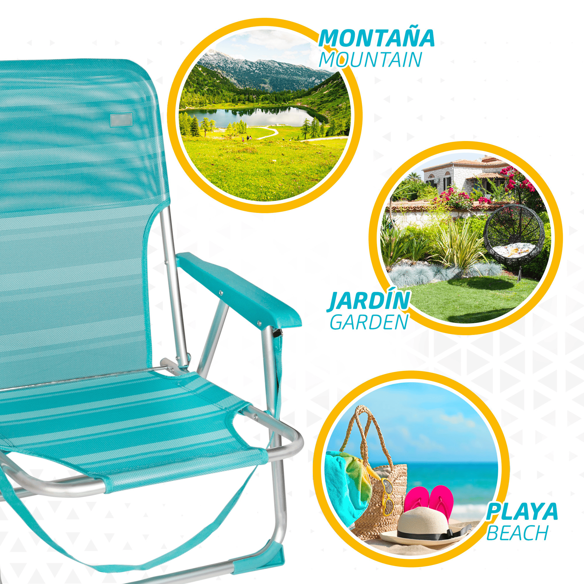 Silla Plegable Playa Reclinable y Resistente. Soporta hasta 100kg. Posición fija. Sistema Antivuelco. Ideal para Playa, Jardín, Terraza o Camping. 44x40x72cm