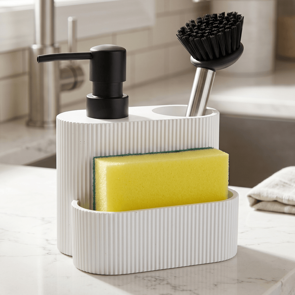 Dispensador Jabón Cocina, Dispensador de Lavado de Manos con Recipiente Rellenable y 2 Espacios Extra, Espacio Para Esponja, Estropajo y Utensilios de Limpieza, Ideal para Cocina y Baño, 13.3 x 9.7 x 15.7cm