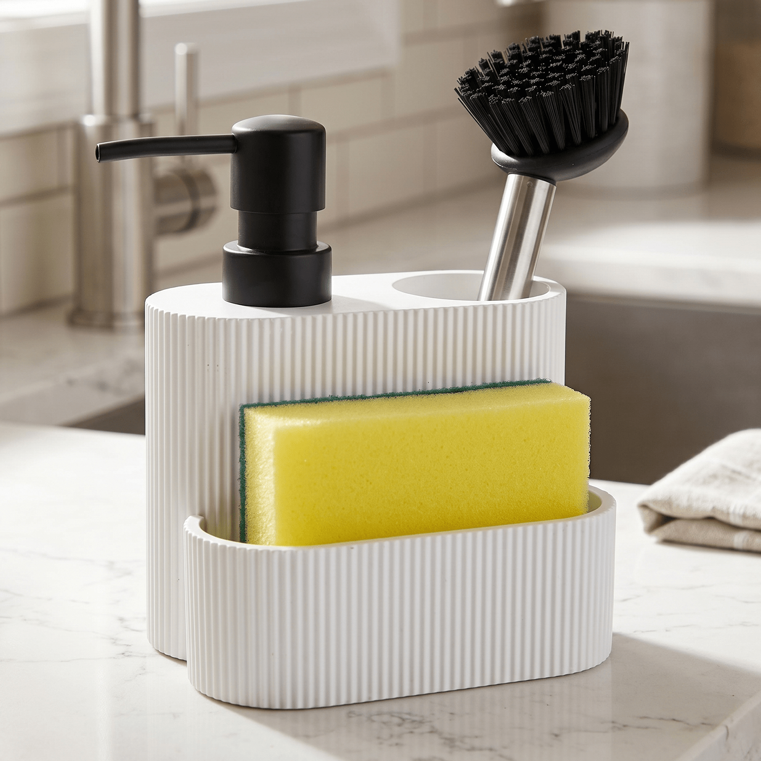 Dispensador Jabón Cocina, Dispensador de Lavado de Manos con Recipiente Rellenable y 2 Espacios Extra, Espacio Para Esponja, Estropajo y Utensilios de Limpieza, Ideal para Cocina y Baño, 13.3 x 9.7 x 15.7cm