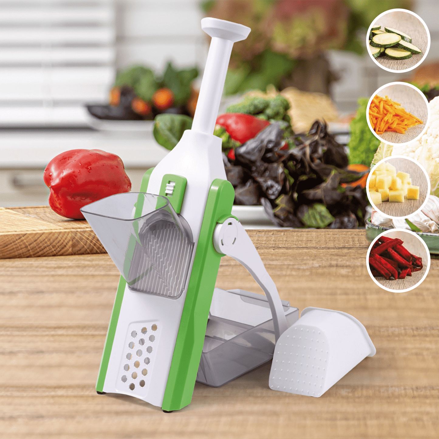 Cortador de Verduras y Patatas, 4 Funciones en 1: Corte en Rodajas, Palitos, Juliana y Cubitos, con Ajuste de Grosor, Cuchillas de Acero Inoxidable, Fácil de Usar y Limpiar, Hecho de Materiales Resistentes, Ahorra Tiempo y Espacio
