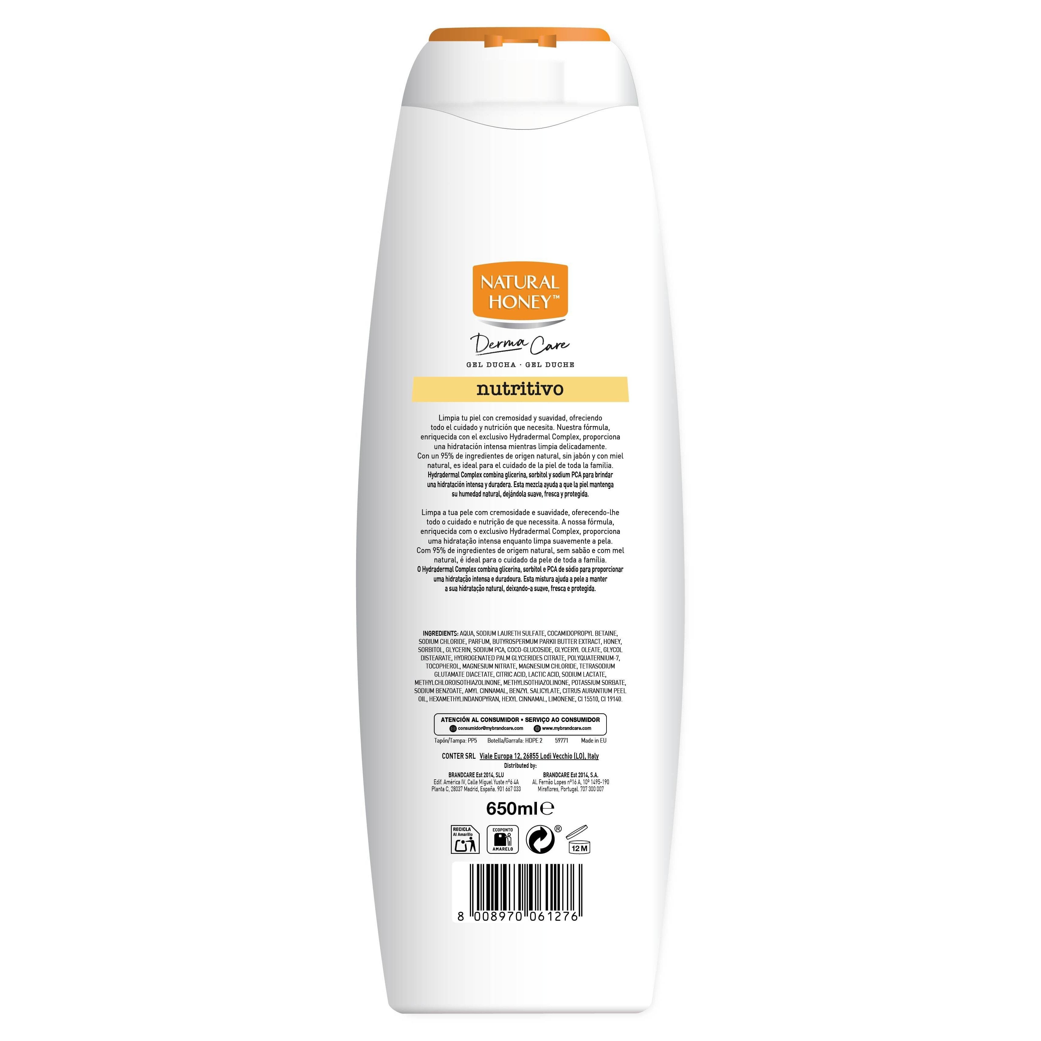 Natural Honey, Gel de Ducha Hidratante con Extracto de Miel y Manteca de Karité, Nutre y Suaviza para una Piel Suave, Fresca y Protegida, Línea Derma Care, 650 ml