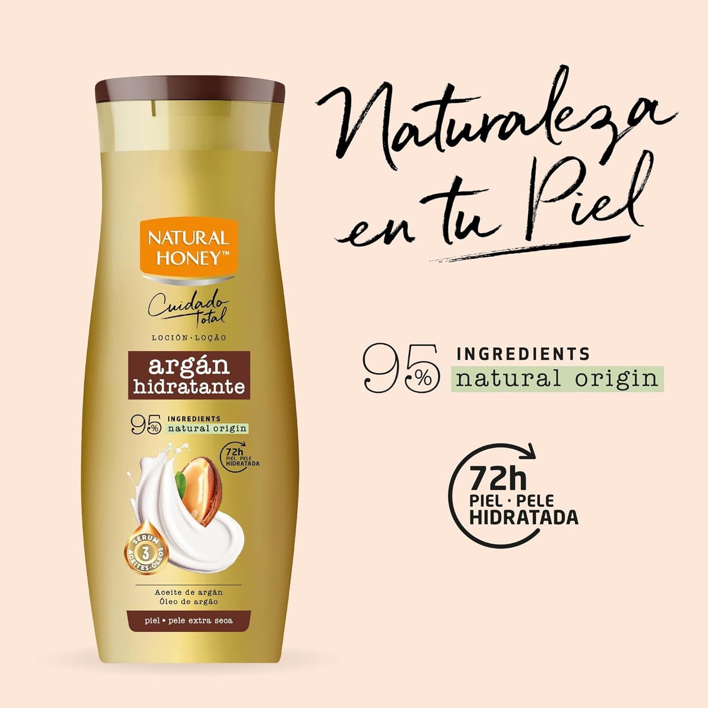 Natural Honey, Loción Corporal Argán Hidratante para Pieles Secas, 72H de Hidratación Profunda, Fórmula con Aceite de Argán y Sérum de 3 Aceites, Piel Suave y Radiante, Línea Cuidado Total, 330 ml por Botella