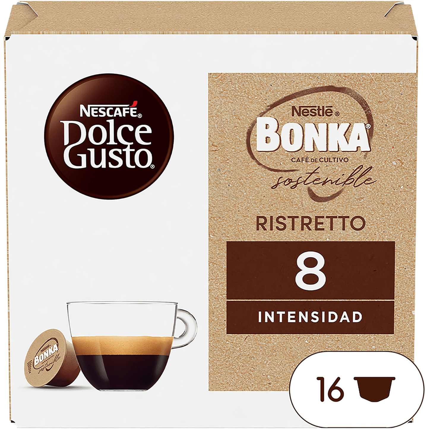 Nescafé Dolce Gusto Bonka Ristretto, Cápsulas de Café Espresso Intenso con Notas a Madera, Intensidad 8, Café Arábica y Robusta, 16/48/96 Cápsulas