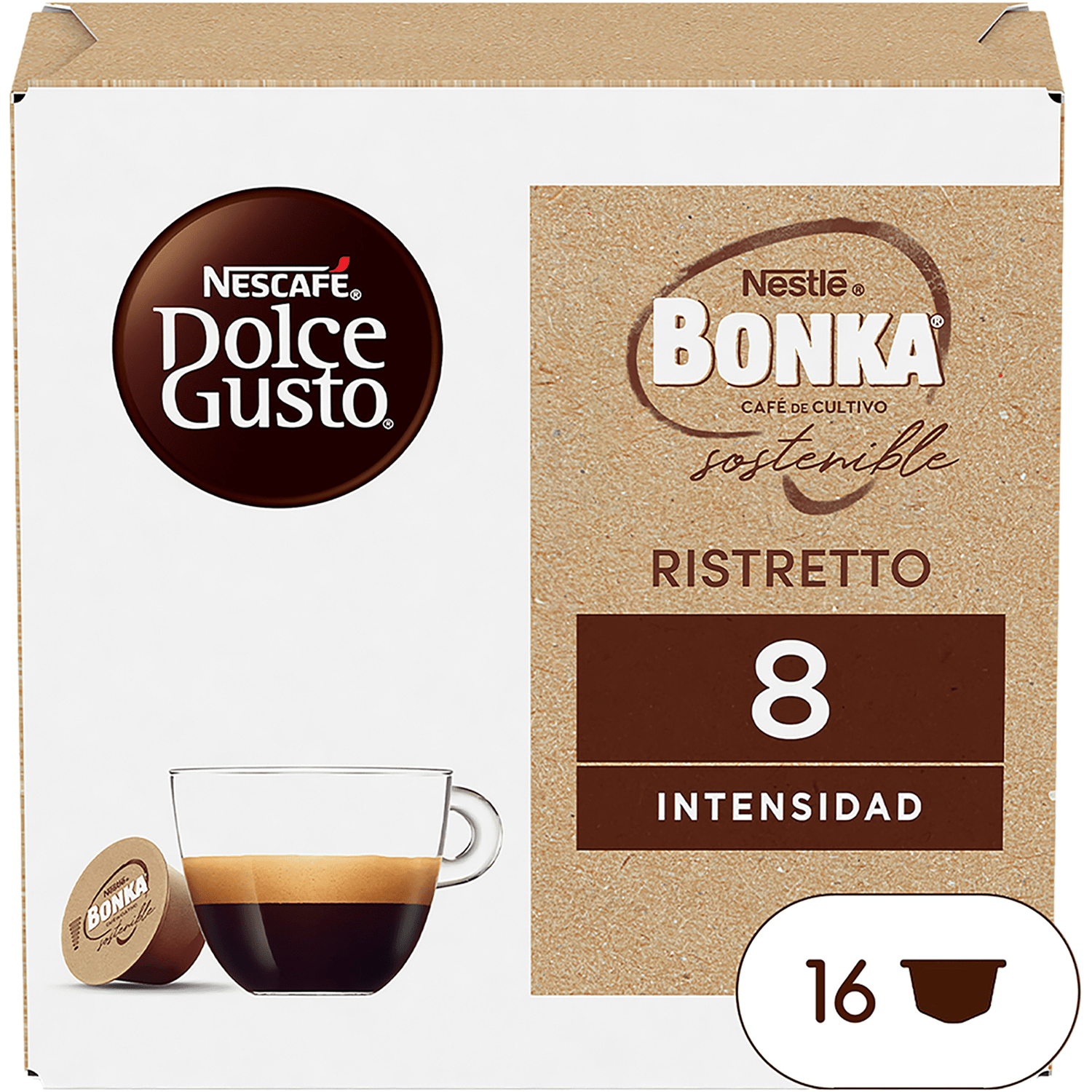 Nescafé Dolce Gusto Bonka Ristretto, Cápsulas de Café Espresso Intenso con Notas a Madera, Intensidad 8, Café Arábica y Robusta, 16/48/96 Cápsulas