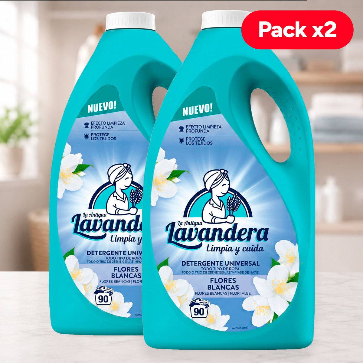 La Antigua Lavandera Detergente Líquido para Ropa, Aroma Flores Blancas, Pack de 2 Botellas de 90 Lavados Cada Una, 180 Lavados en Total