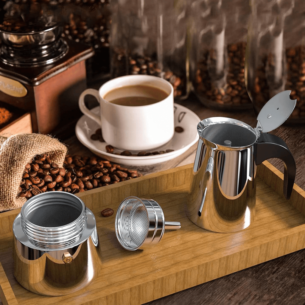 Cafetera Italiana 12 Tazas, Hecha de Acero Inoxidable, Mango Antiquemaduras, Compatible con Vitrocerámica, Gas, Inducción y Eléctrico, Capacidad de 700 gr de Café, Hasta 12 Tazas de Café, Fácil Limpieza