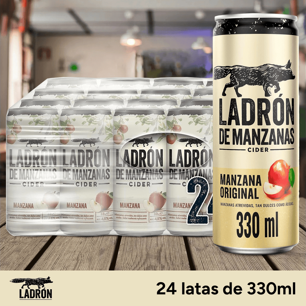 Ladrón de Manzanas Cider, Sidra 24 Latas de 330ml, Ladrón de Manzanas Sabor Original, 4,5% Volumen de Alcohol