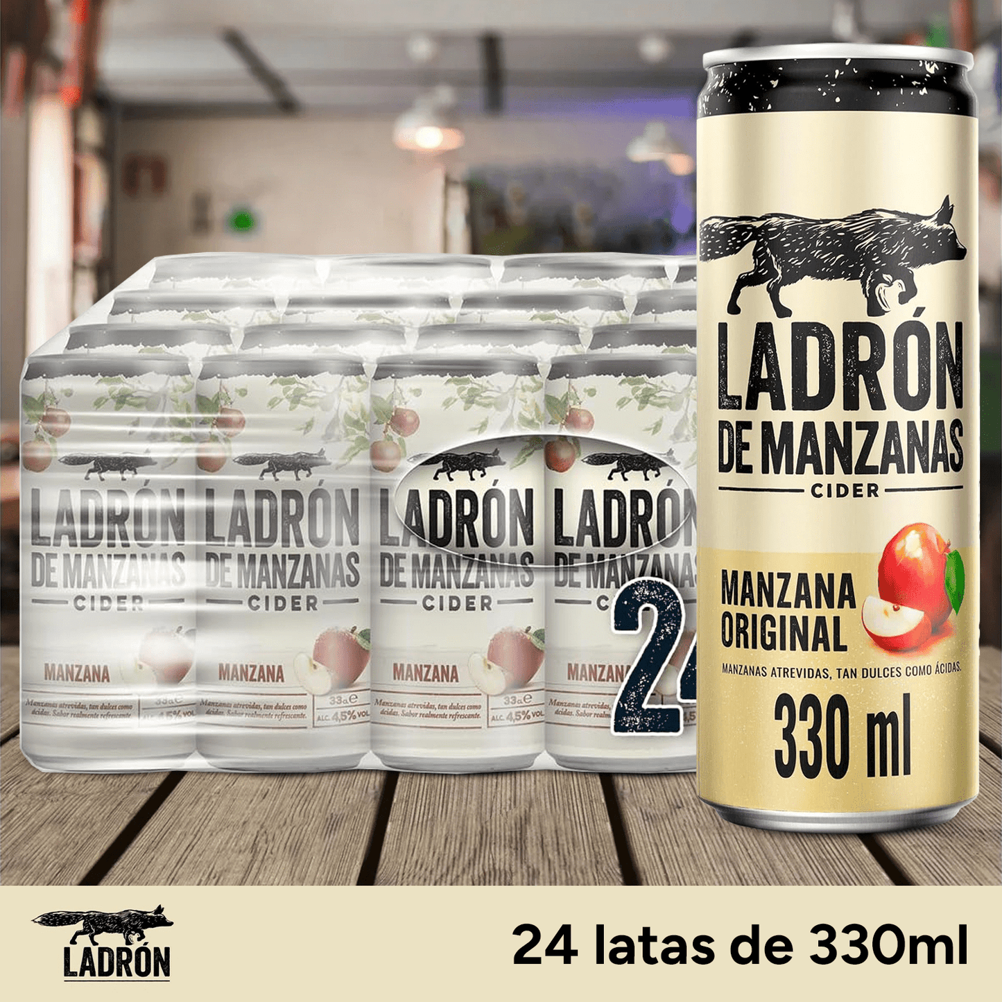 Ladrón de Manzanas Cider, Sidra 24 Latas de 330ml, Ladrón de Manzanas Sabor Original, 4,5% Volumen de Alcohol
