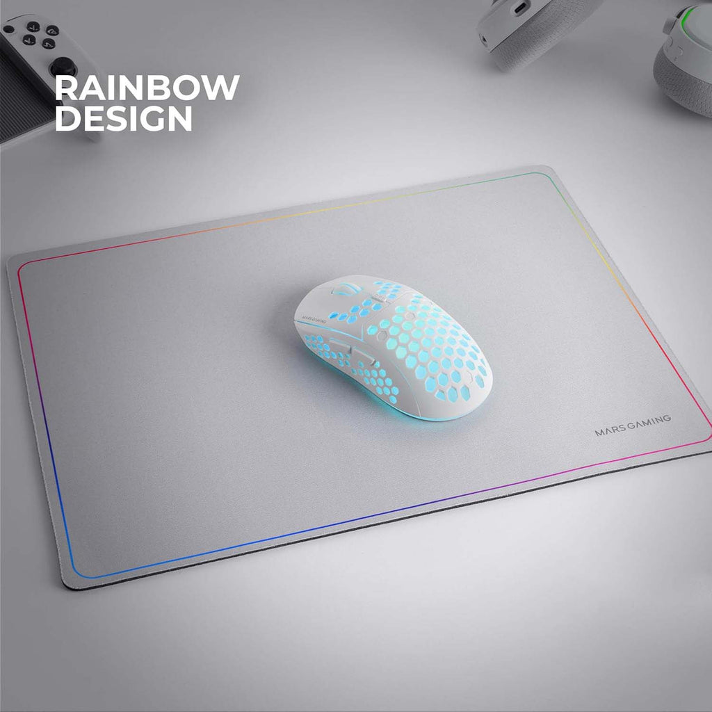 Mars Gaming MMP124, Alfombrilla Gaming 360x260mm, Diseño de Bordes Rainbow, Base Antideslizante de Caucho Natural, Superficie Nanotextil de Alta Precisión, Alfombrilla de Ratón Flexible, Blanco