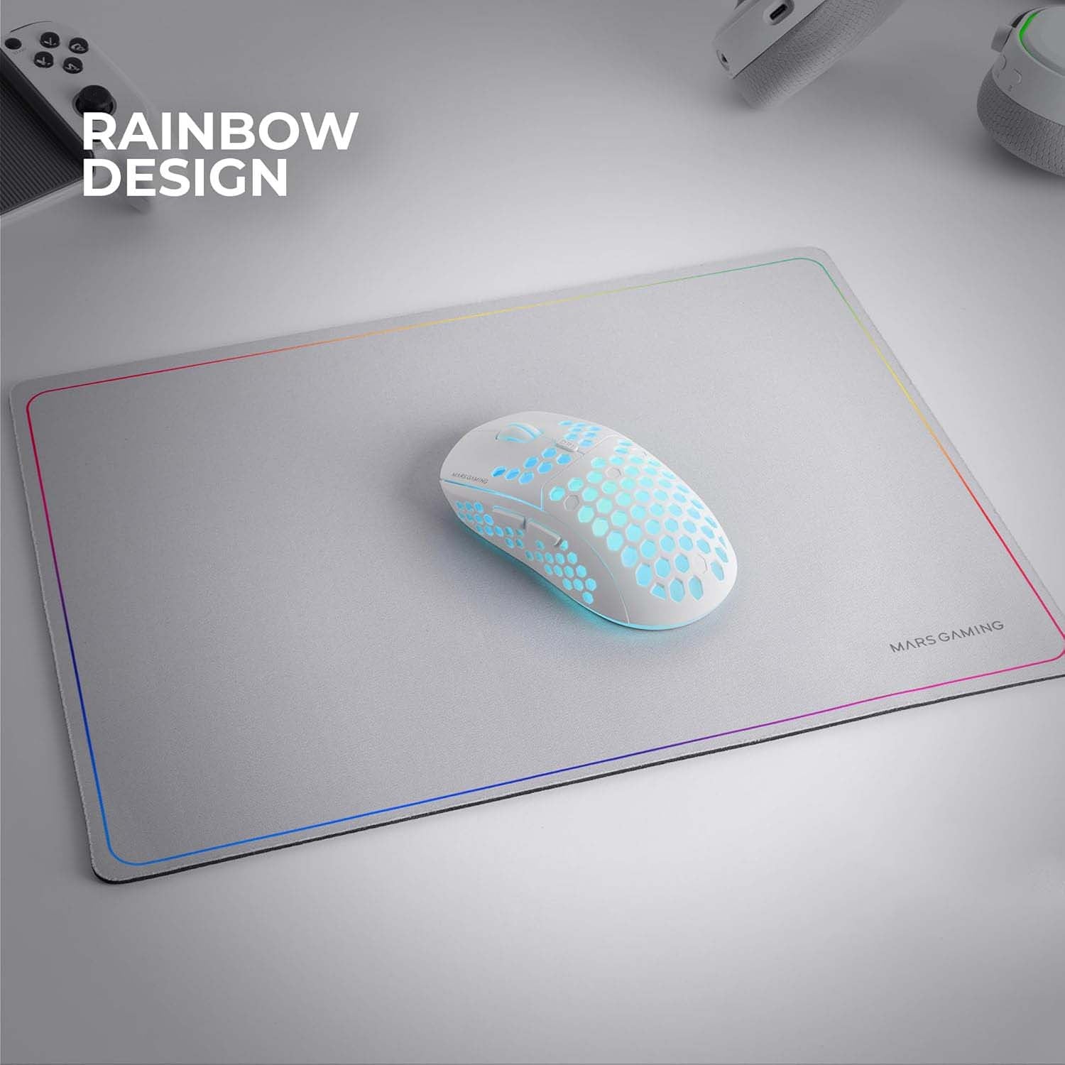 Mars Gaming MMP124, Alfombrilla Gaming 360x260mm, Diseño de Bordes Rainbow, Base Antideslizante de Caucho Natural, Superficie Nanotextil de Alta Precisión, Alfombrilla de Ratón Flexible, Blanco