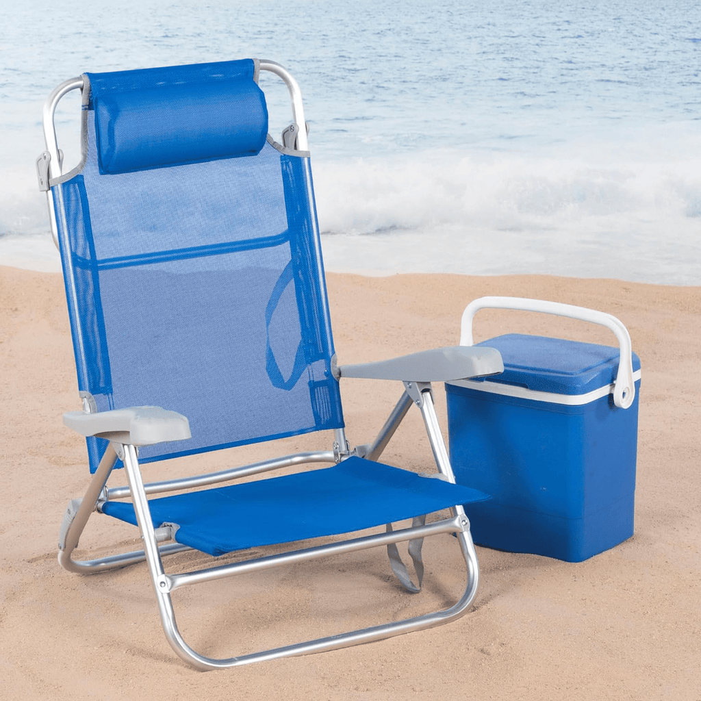 Silla Plegable Playa Reclinable y Resistente. Soporta hasta 110kg. Multiposición, Respaldo Reclinable, Cojín Acolchado. Ideal para Playa, Jardín, Terraza o Camping. 47x49x82cm