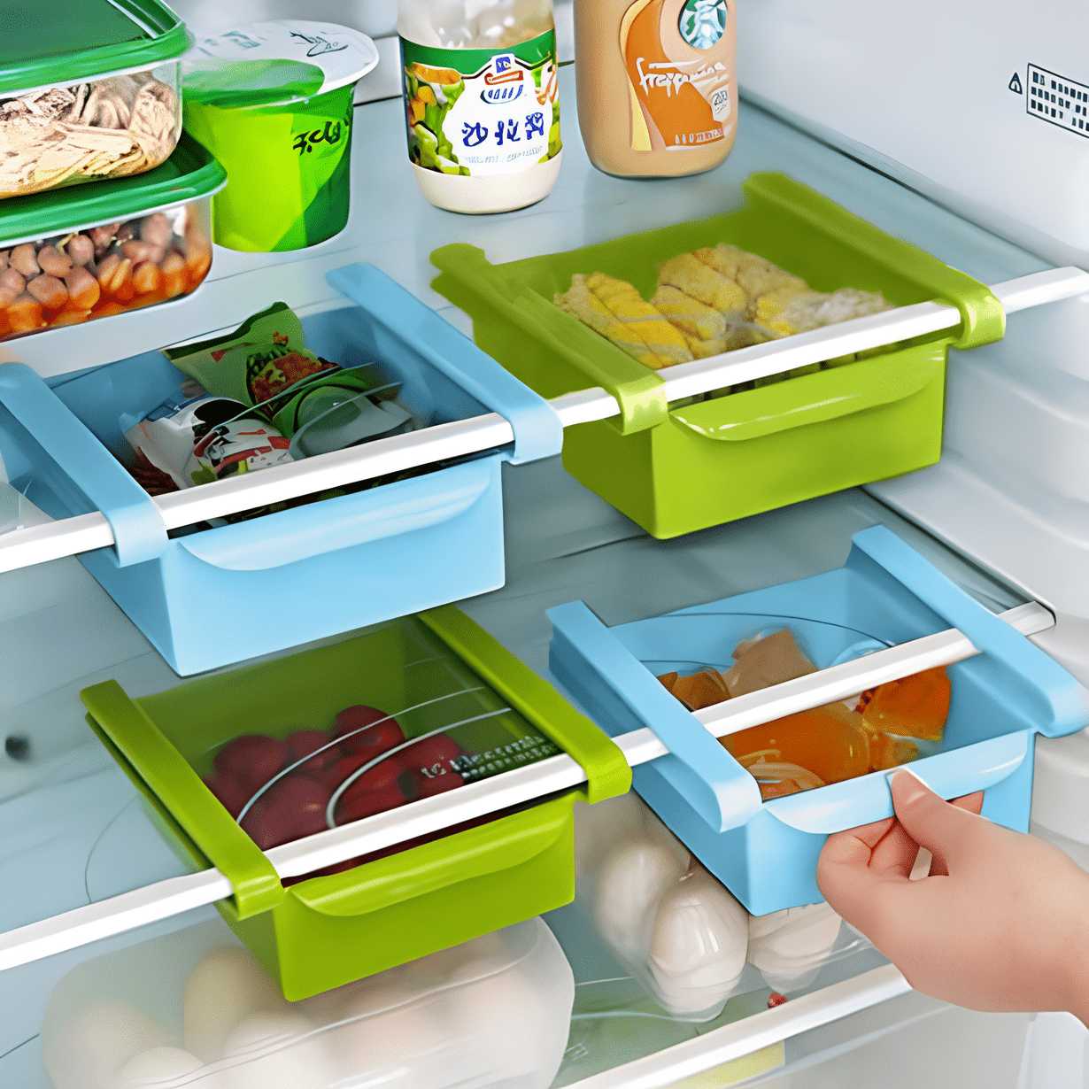 Organizador Nevera, Bandeja para Nevera, Almacenamiento para el Hogar, Caja de Almacenamiento, Apto para Lavavajillas, Diseño Deslizante, Ahorro de Espacio, Con Agujeros para Ventilación, Fácil de Limpiar y Secado Rápido, 16 x 15 x 6.5 cm