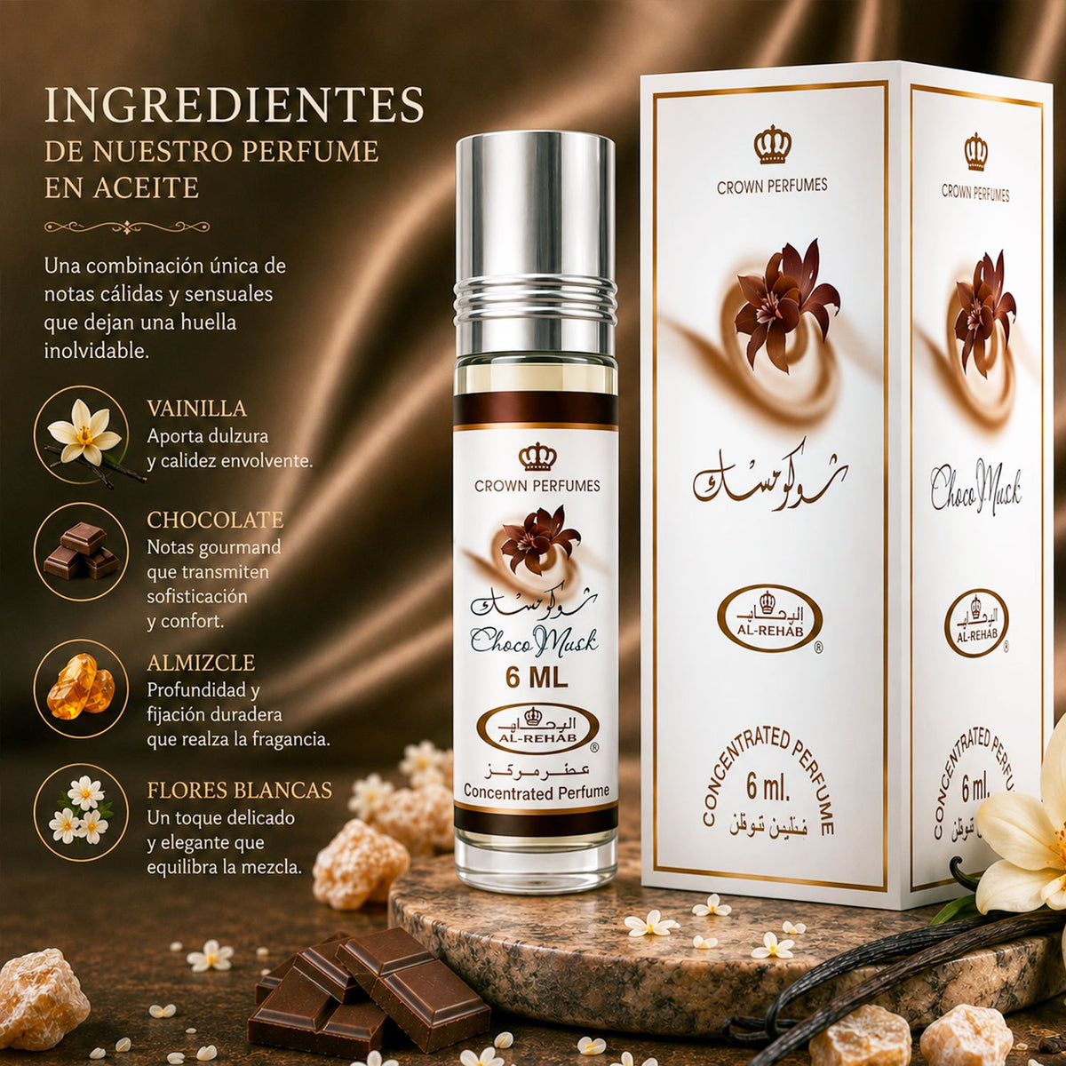 Al Rehab Choco Musk Perfume Árabe en Aceite Concentrado para Aromatizar la Piel durante Todo el Día con Aroma Dulces de Chocolate y Vainilla sin Alcohol en Formato Roll-On Portátil, 6 ml