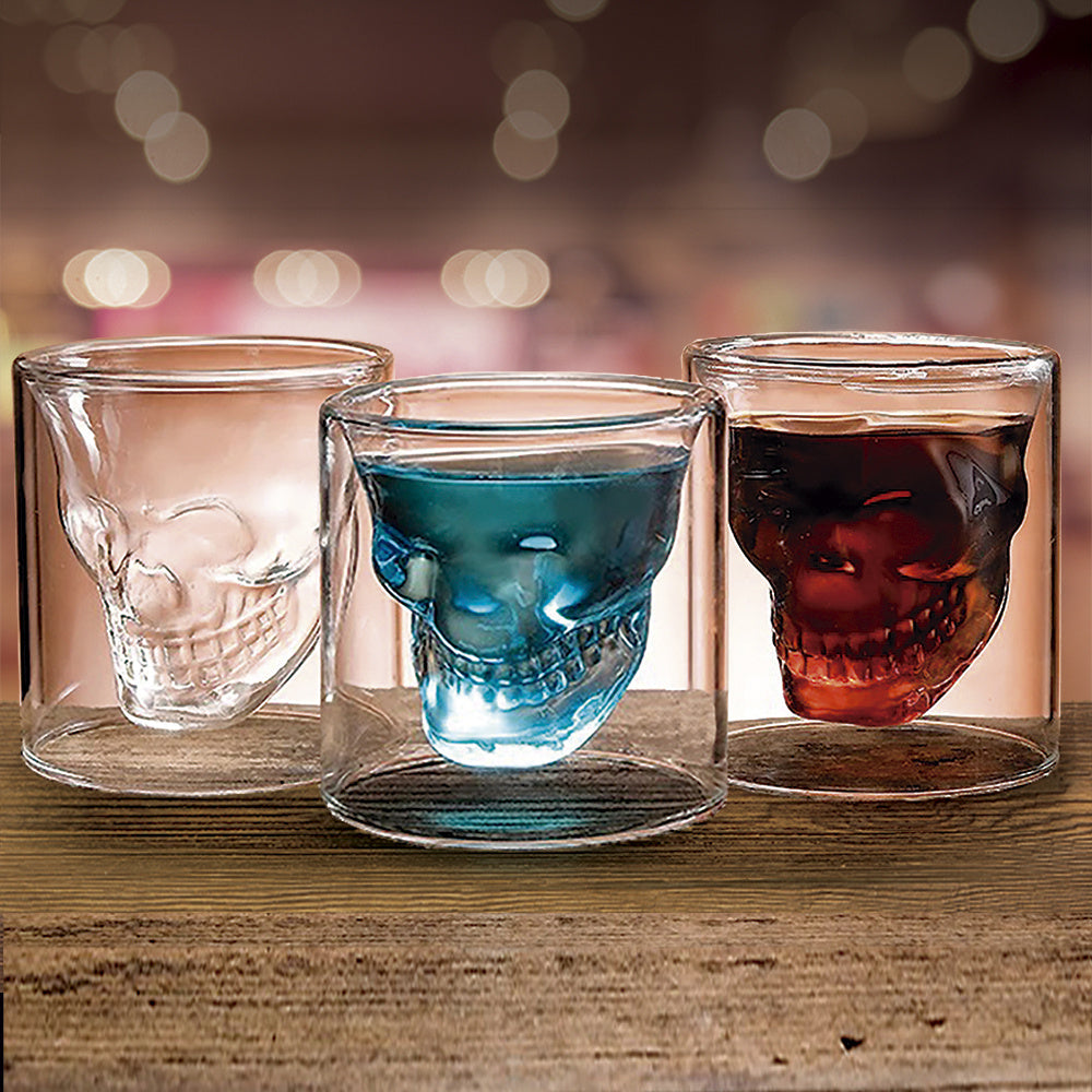 x3 Vaso Calavera de Cristal, Muy Resistentes, Base Gruesa y Estable, Doble Pared, Térmicos, Forma Interior de Calavera 3D, 3 unidades 130ml
