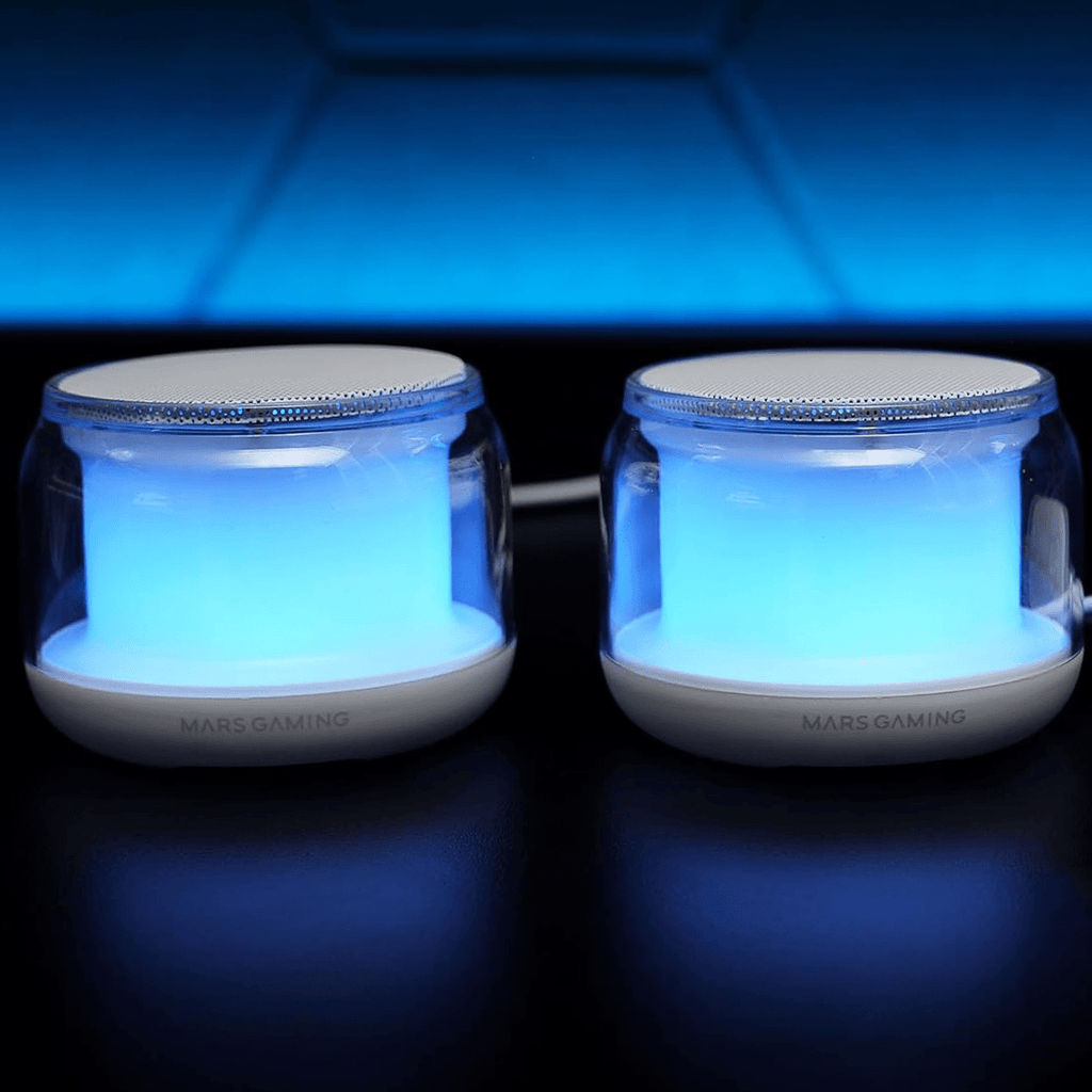 Mars Gaming MS-AURA, Altavoces Bluetooth 5.3, Chipset DSP Personalizado 15W, Iluminación RGB con Diseño ClearView 360º, Altavoces Compactos con Caja de Control de Volumen y RGB, Entrada AUX-IN, Blanco