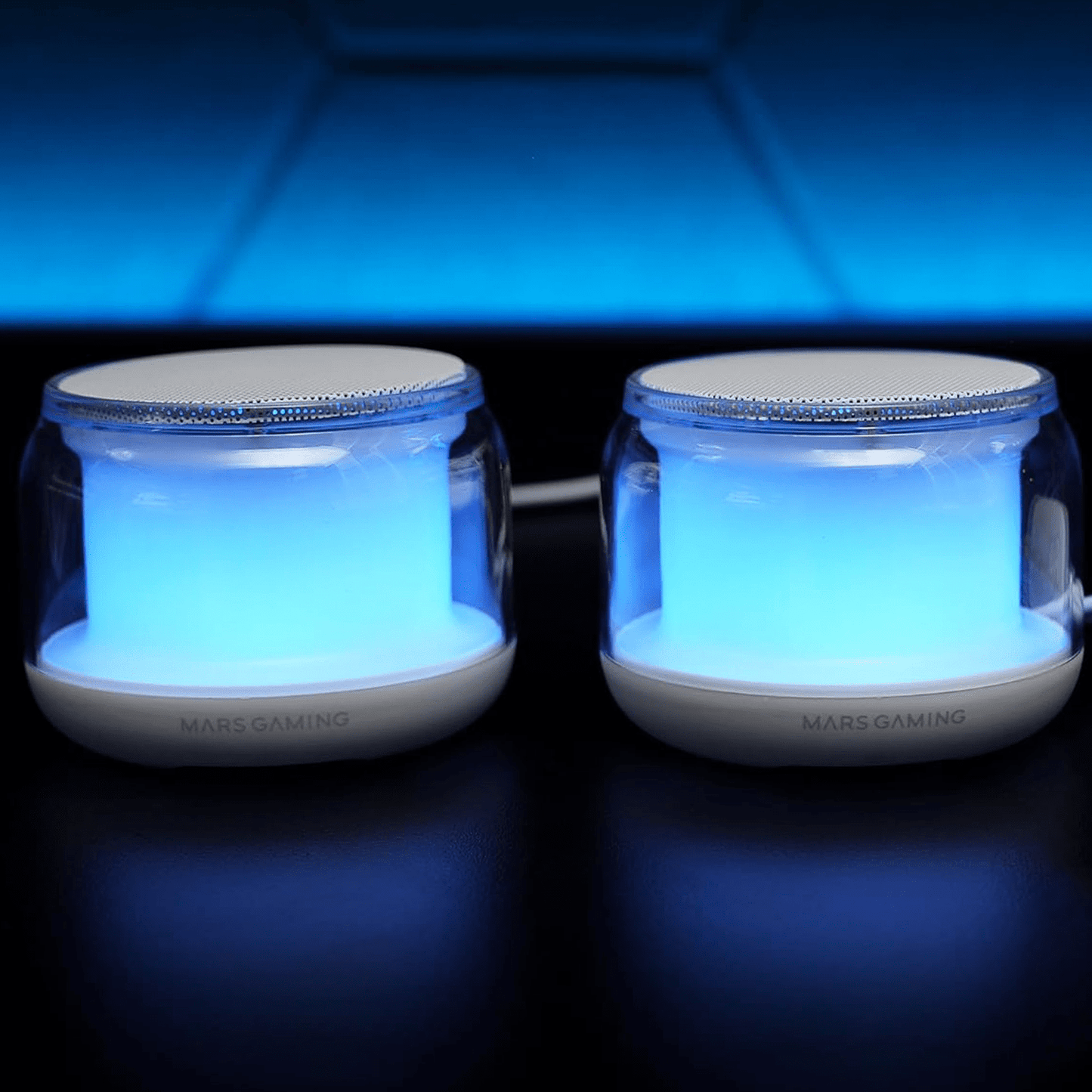 Mars Gaming MS-AURA, Altavoces Bluetooth 5.3, Chipset DSP Personalizado 15W, Iluminación RGB con Diseño ClearView 360º, Altavoces Compactos con Caja de Control de Volumen y RGB, Entrada AUX-IN, Blanco