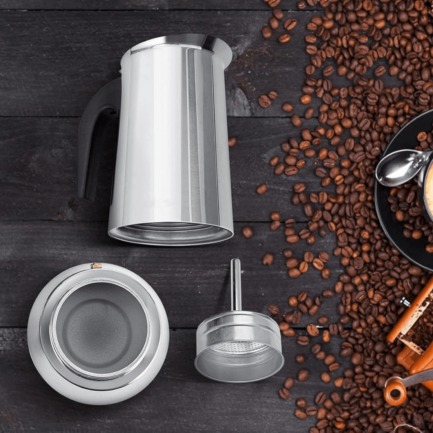 Cafetera Italiana 12 Tazas, Hecha de Acero Inoxidable, Mango Antiquemaduras, Compatible con Vitrocerámica, Gas, Inducción y Eléctrico, Capacidad de 700 gr de Café, Hasta 12 Tazas de Café, Fácil Limpieza