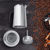 Cafetera Italiana 12 Tazas, Hecha de Acero Inoxidable, Mango Antiquemaduras, Compatible con Vitrocerámica, Gas, Inducción y Eléctrico, Capacidad de 700 gr de Café, Hasta 12 Tazas de Café, Fácil Limpieza